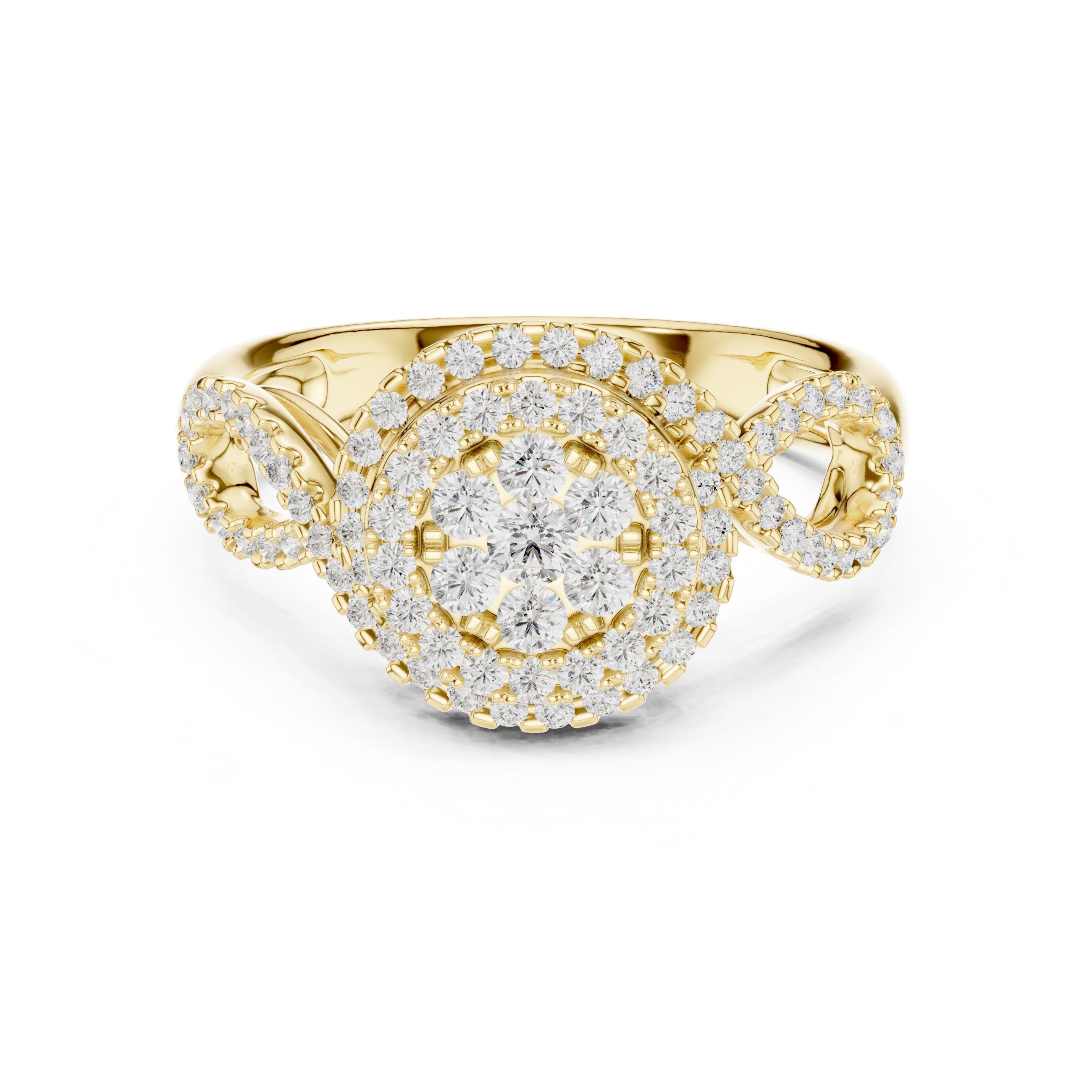 Round Diamond Cluster Double Halo Engagement Ring with Twisted Pavé Band in Yellow Gold - VYKA Diamonds