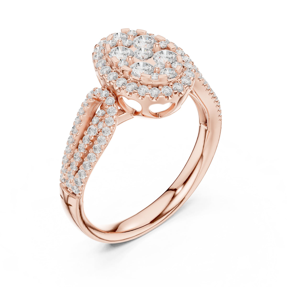 Round Diamond Constellation Oval Cluster Engagement Ring with Split Shank Pavé Band