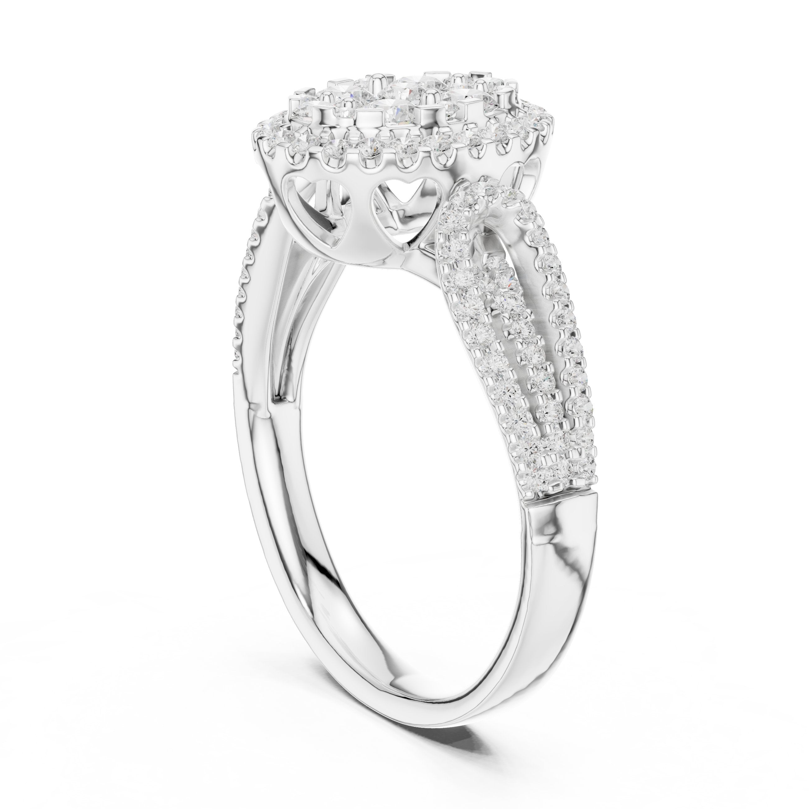Round Diamond Constellation Oval Cluster Engagement Ring with Split Shank Pavé Band in White Gold - VYKA Diamonds