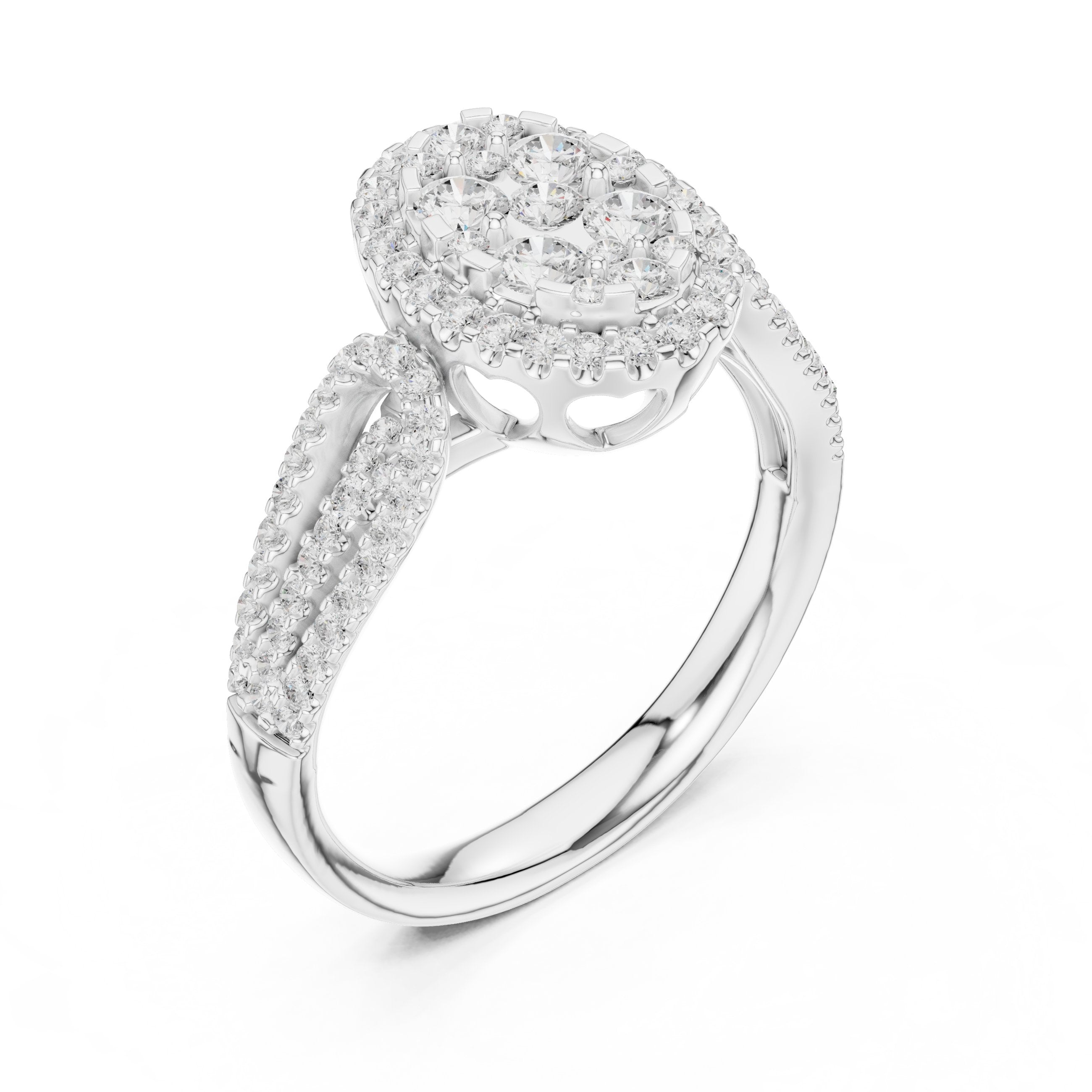 Round Diamond Constellation Oval Cluster Engagement Ring with Split Shank Pavé Band in White Gold - VYKA Diamonds