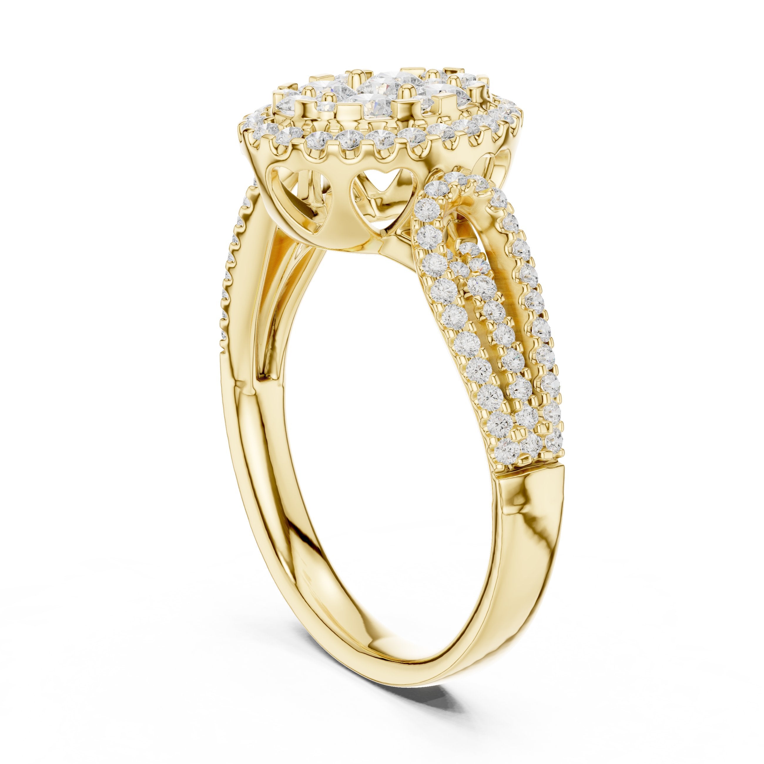 Round Diamond Constellation Oval Cluster Engagement Ring with Split Shank Pavé Band in Yellow Gold - VYKA Diamonds