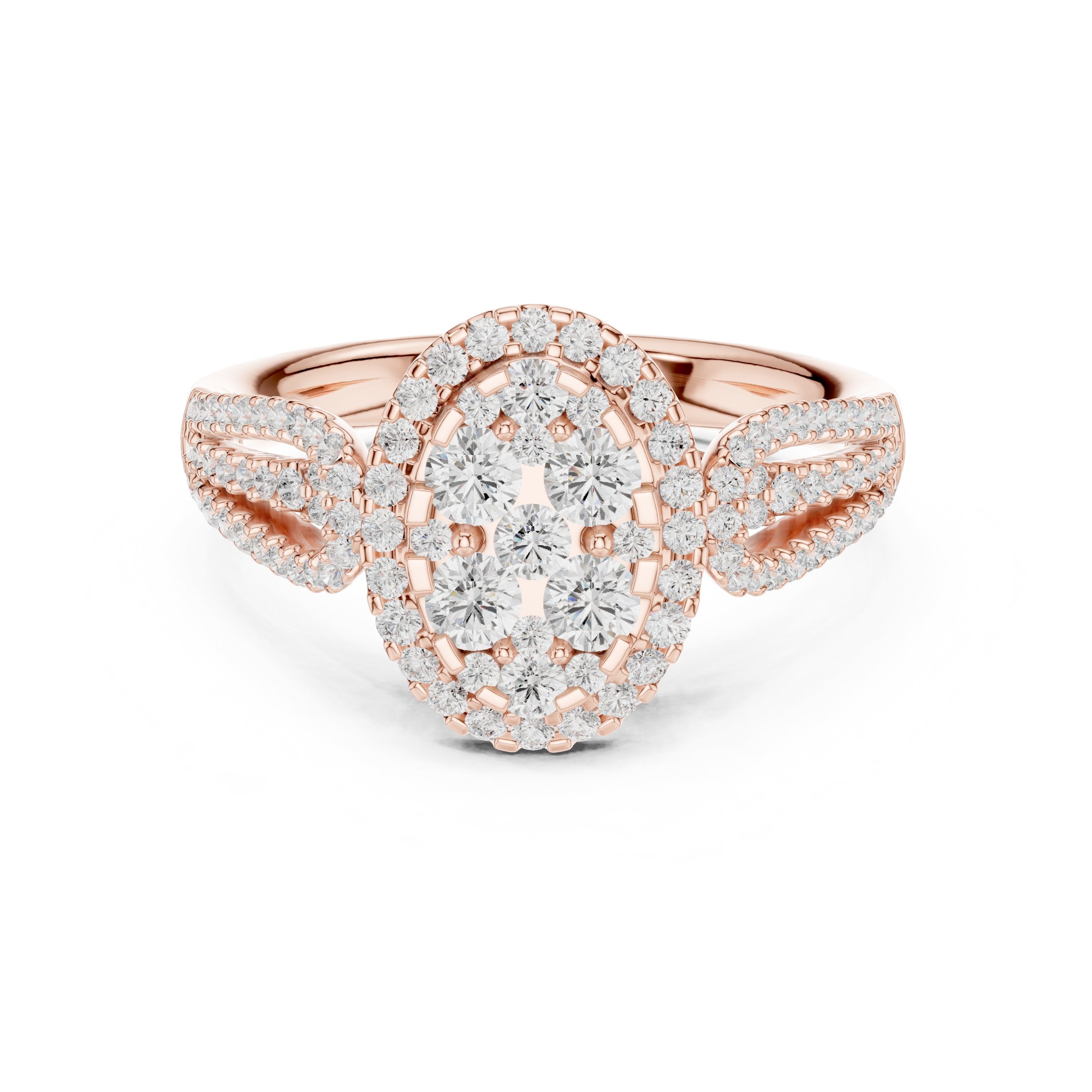 Round Diamond Constellation Oval Cluster Engagement Ring with Split Shank Pavé Band in Rose Gold - VYKA Diamonds