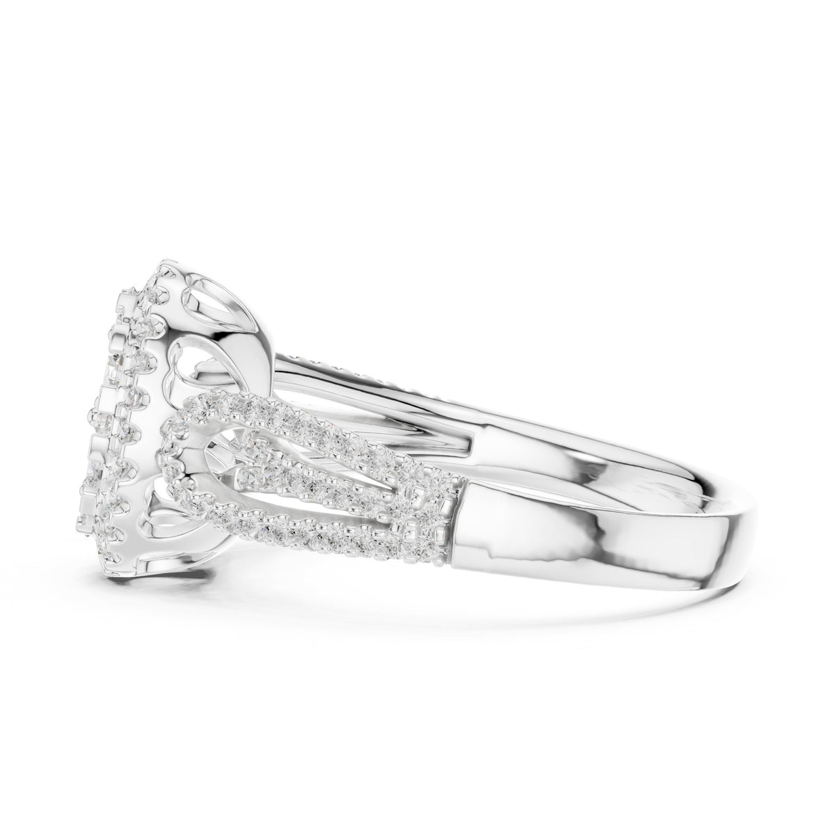 Round Diamond Constellation Oval Cluster Engagement Ring with Split Shank Pavé Band