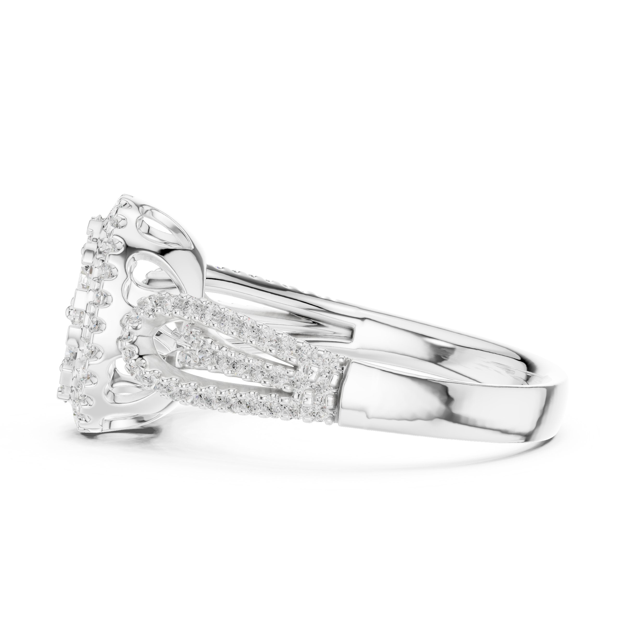 Round Diamond Constellation Oval Cluster Engagement Ring with Split Shank Pavé Band in White Gold - VYKA Diamonds