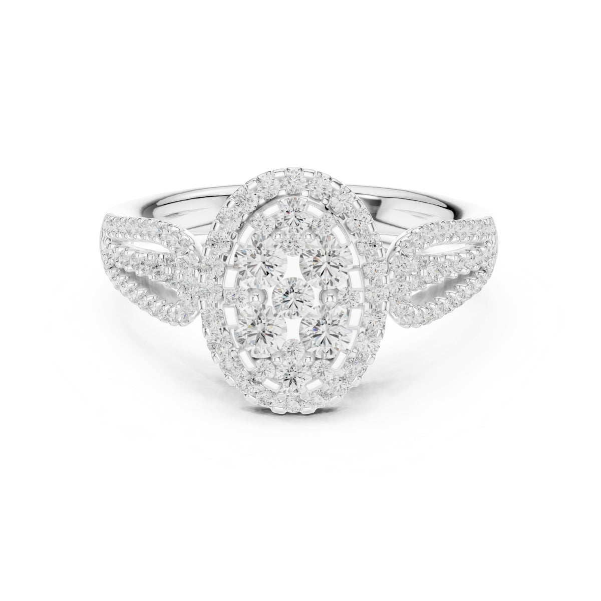 Round Diamond Constellation Oval Cluster Engagement Ring with Split Shank Pavé Band
