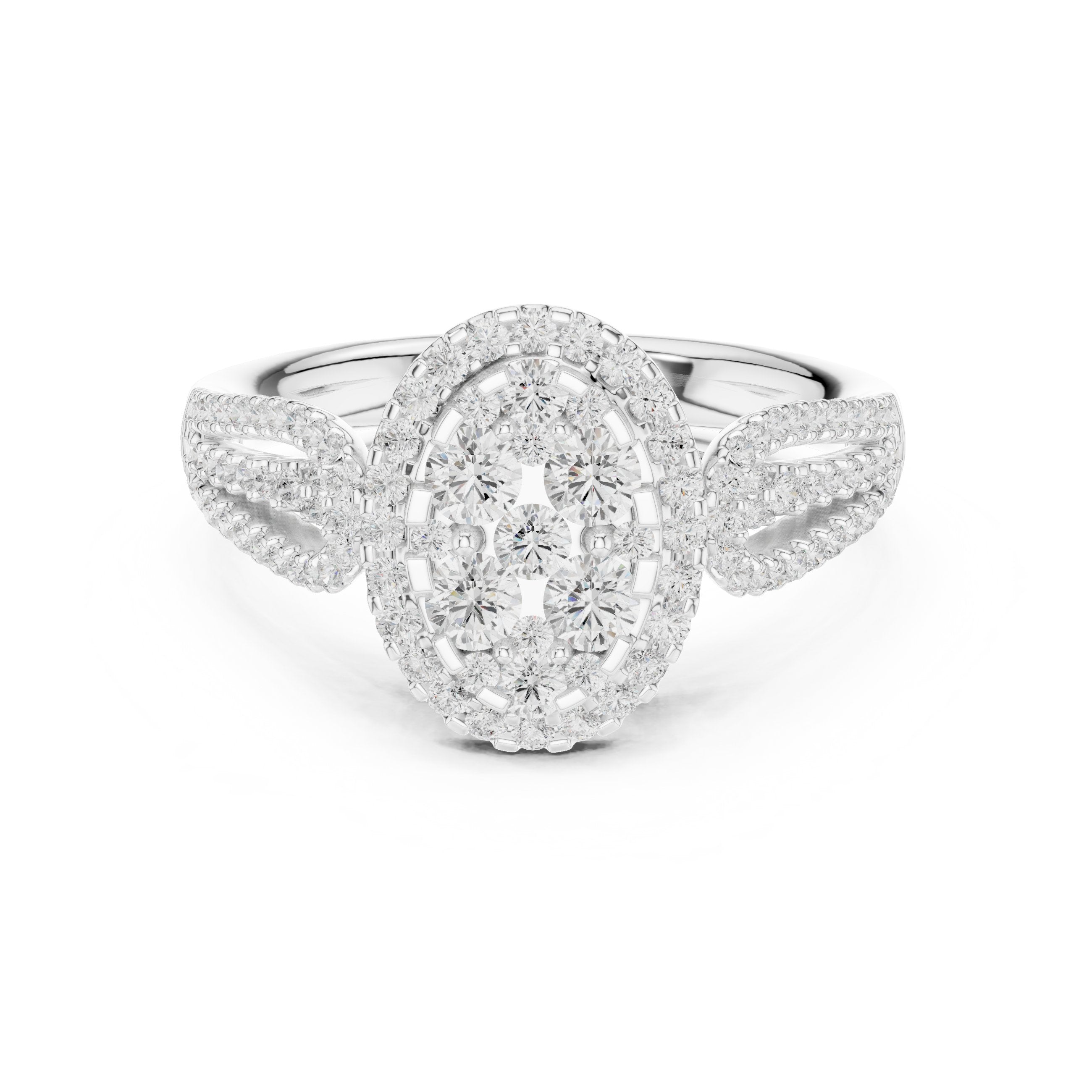 Round Diamond Constellation Oval Cluster Engagement Ring with Split Shank Pavé Band in White Gold - VYKA Diamonds