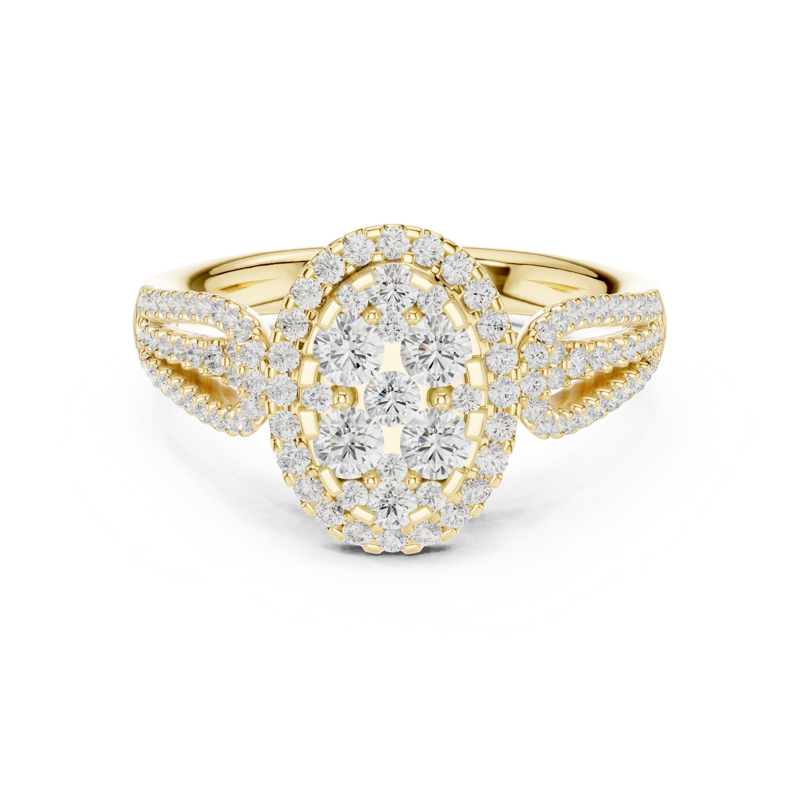 Round Diamond Constellation Oval Cluster Engagement Ring with Split Shank Pavé Band in Yellow Gold - VYKA Diamonds