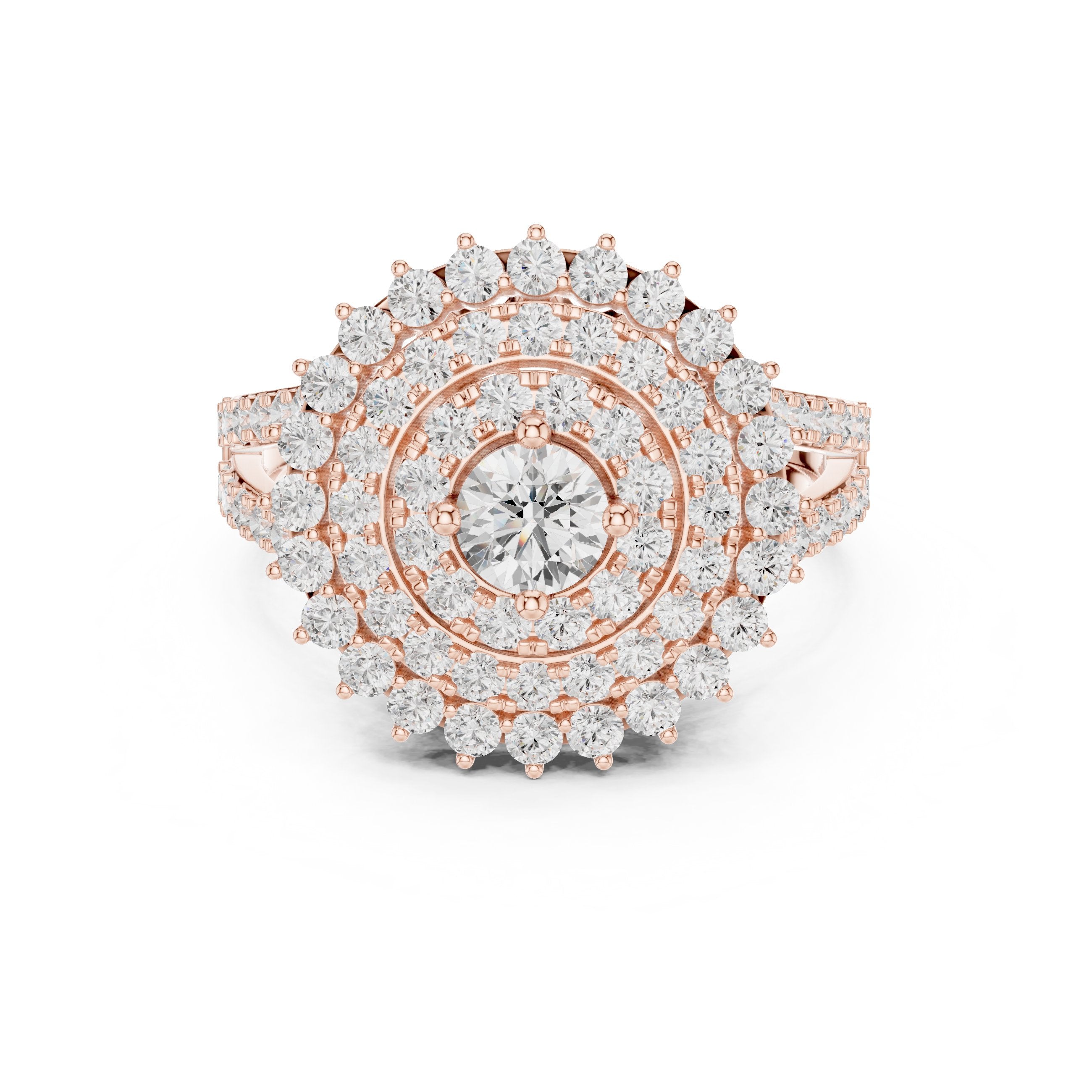 Round Diamond Sunburst Cluster Halo Statement Engagement Ring in Rose Gold - VYKA Diamonds