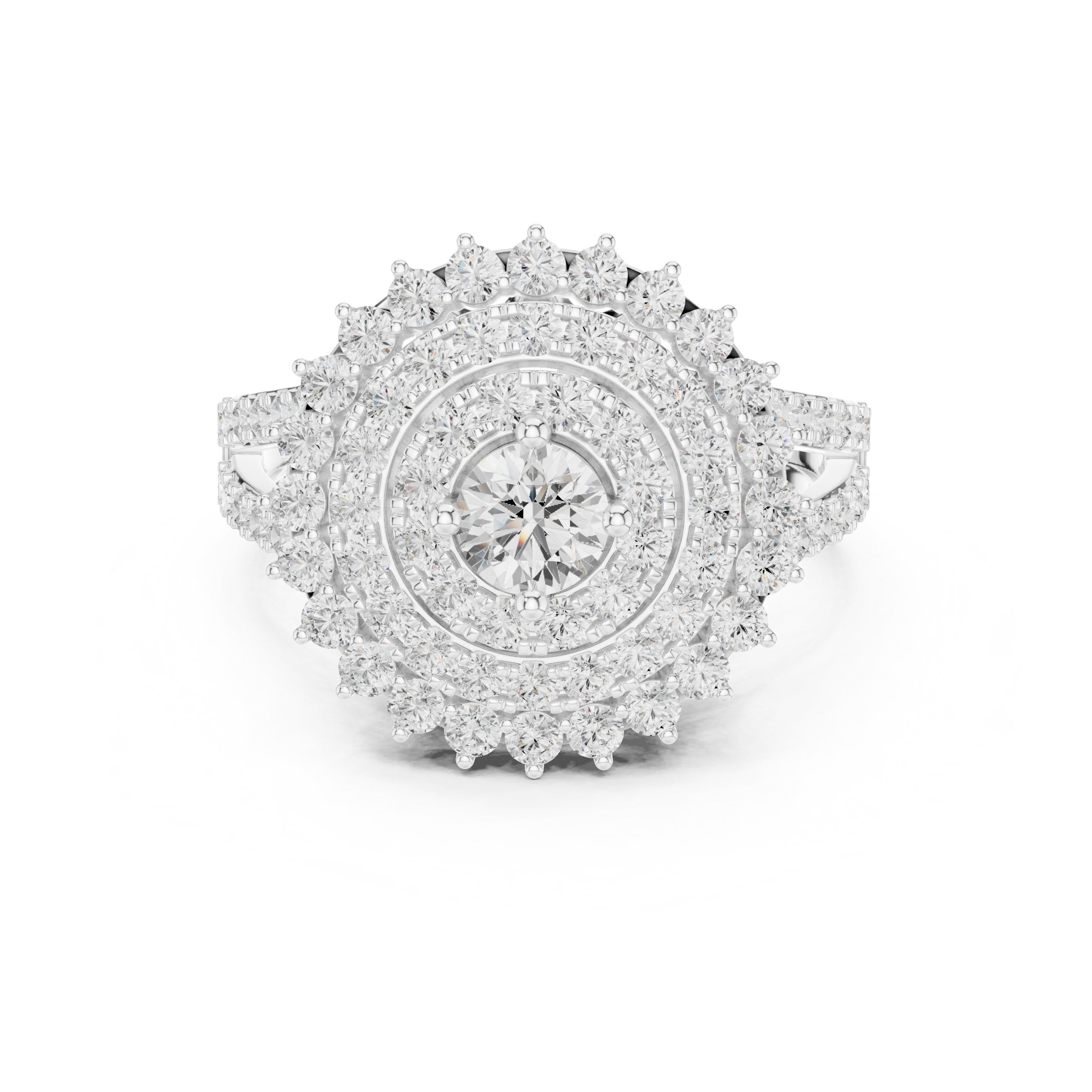 Round Diamond Sunburst Cluster Halo Statement Engagement Ring in White Gold - VYKA Diamonds