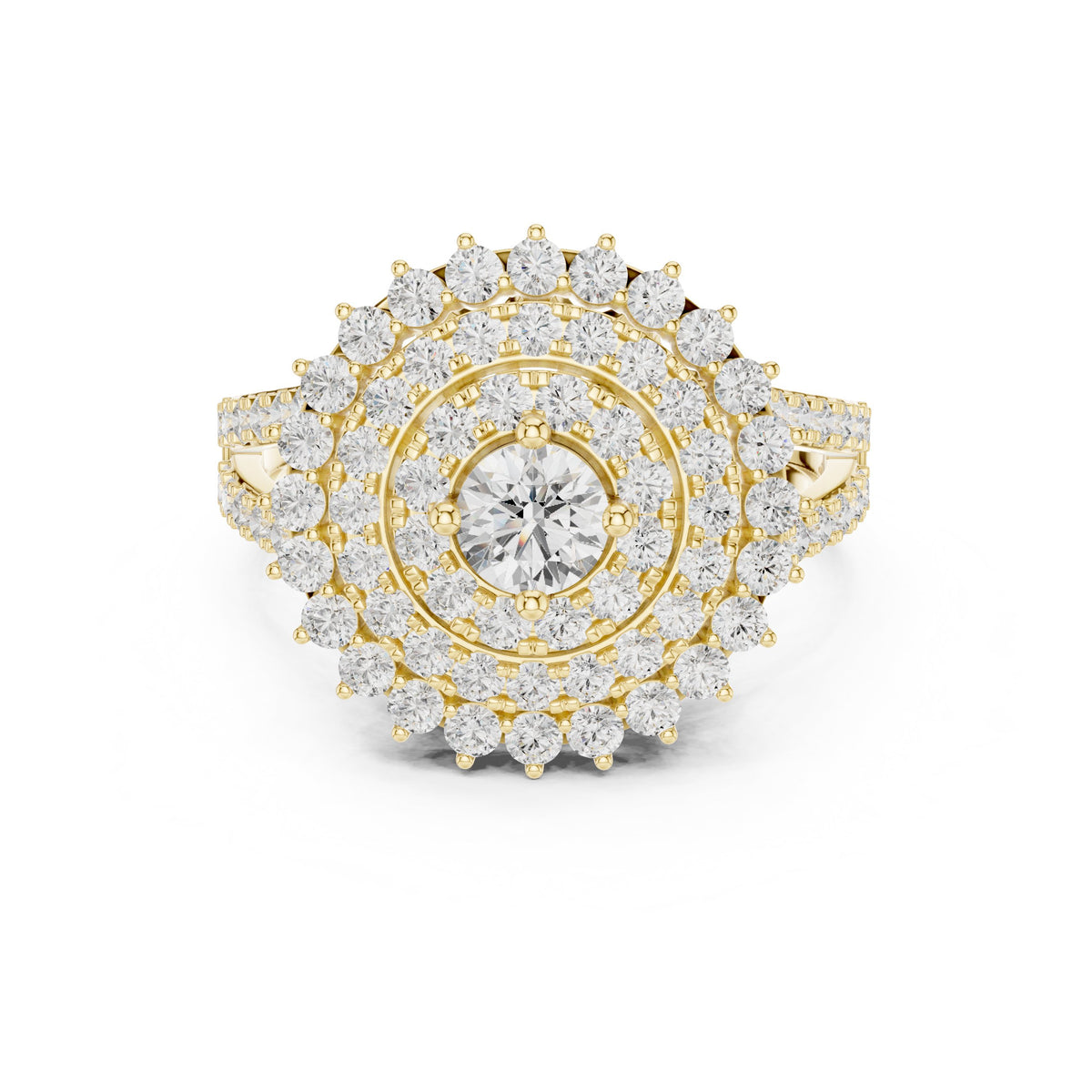 Round Diamond Sunburst Cluster Halo Statement Engagement Ring