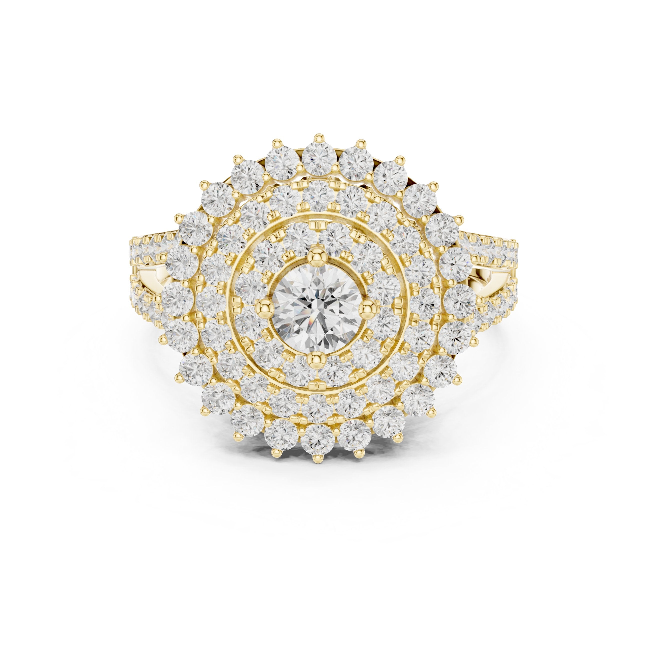 Round Diamond Sunburst Cluster Halo Statement Engagement Ring in Yellow Gold - VYKA Diamonds