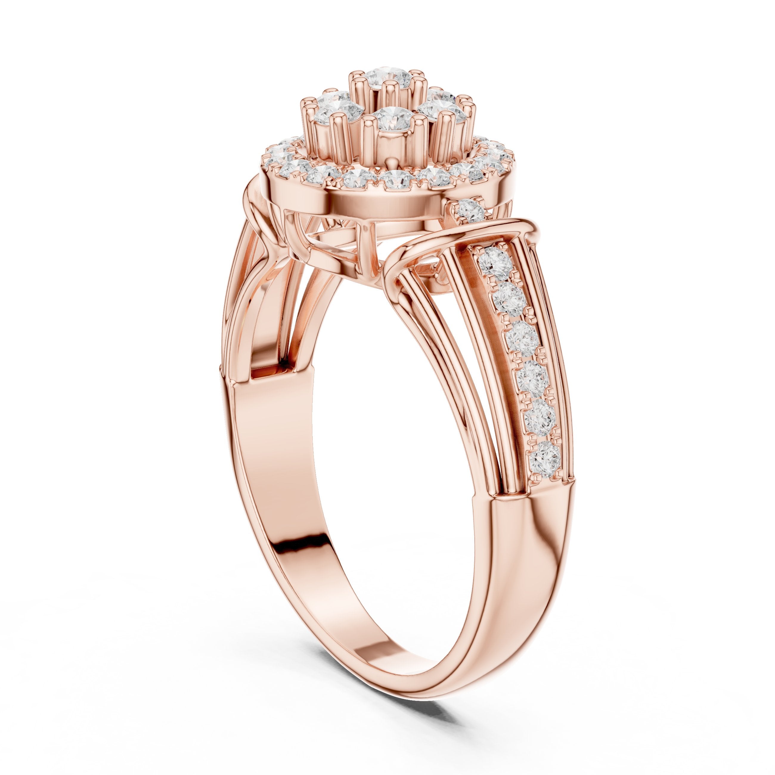 Round Diamond Cluster Halo Engagement Ring with Decorative Split Shank in Rose Gold - VYKA Diamonds