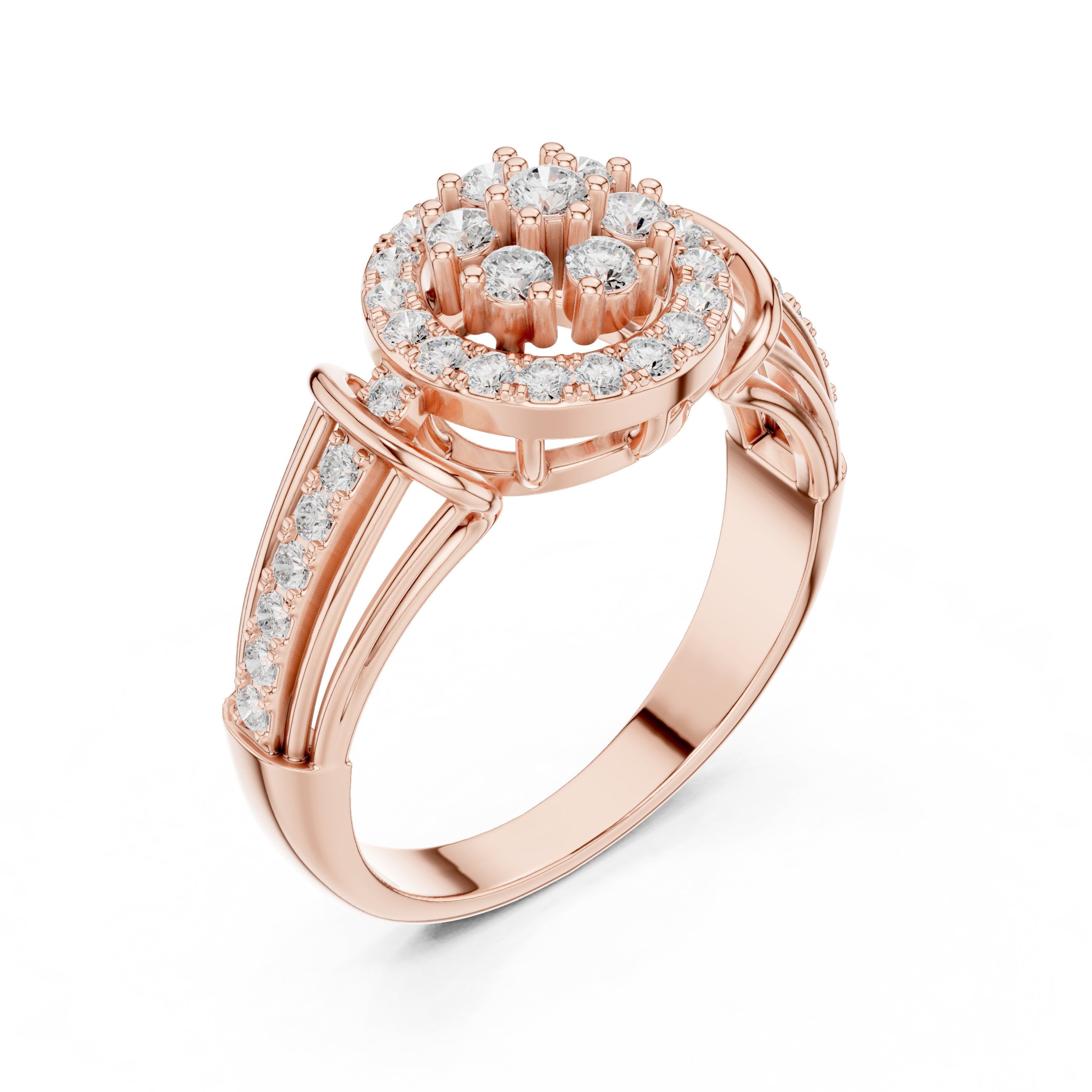 Round Diamond Cluster Halo Engagement Ring with Decorative Split Shank in Rose Gold - VYKA Diamonds