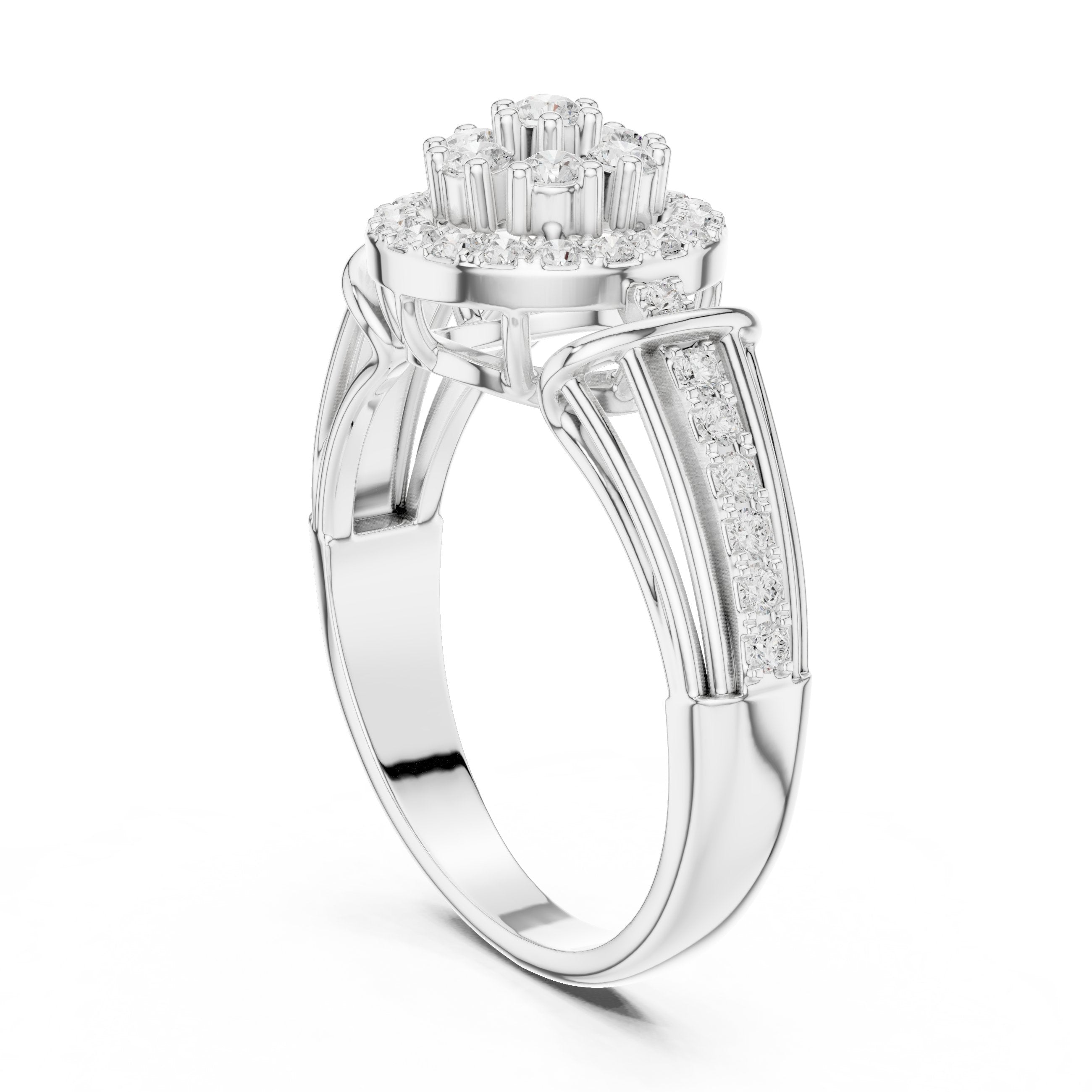 Round Diamond Cluster Halo Engagement Ring with Decorative Split Shank in White Gold - VYKA Diamonds