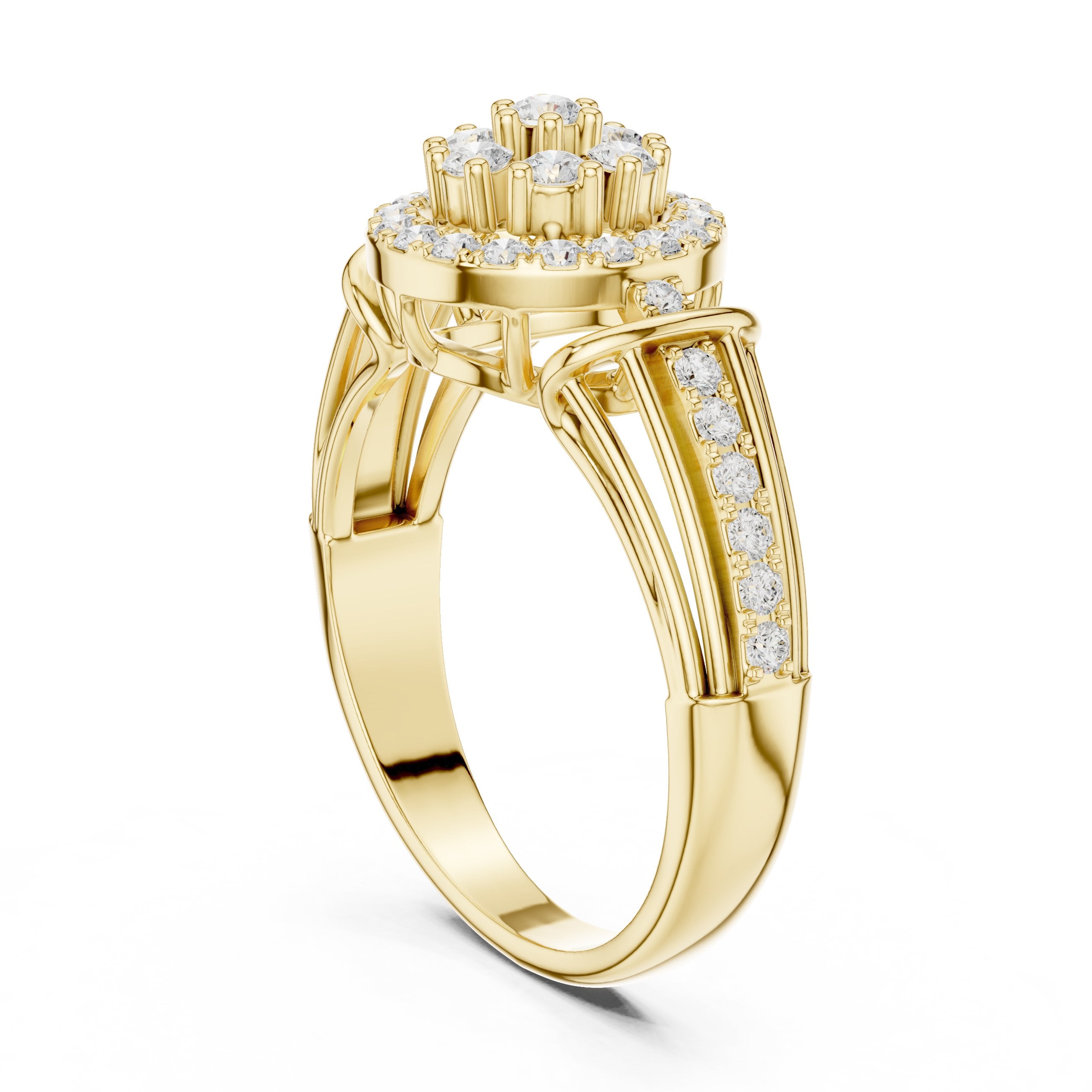 Round Diamond Cluster Halo Engagement Ring with Decorative Split Shank in Yellow Gold - VYKA Diamonds