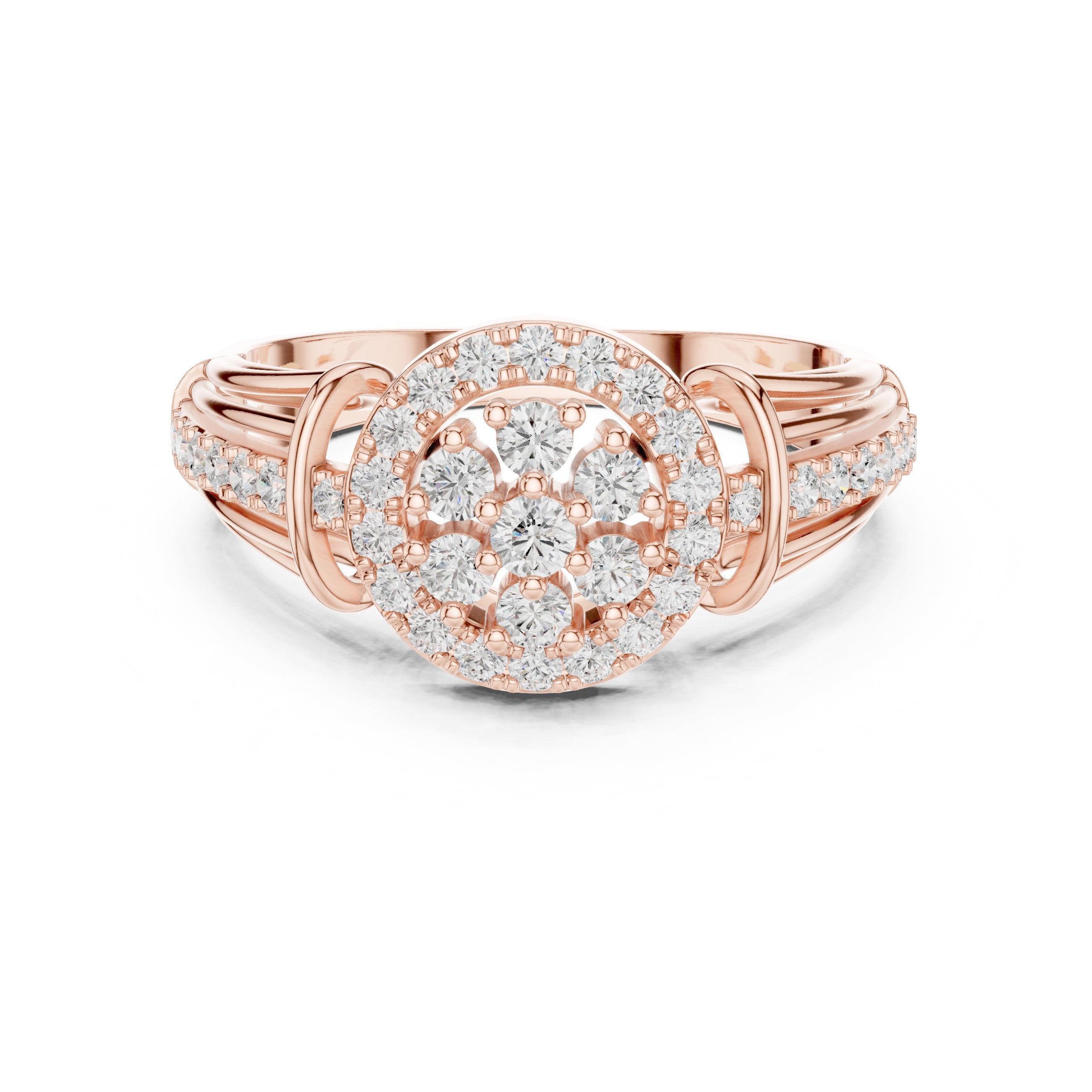 Round Diamond Cluster Halo Engagement Ring with Decorative Split Shank in Rose Gold - VYKA Diamonds