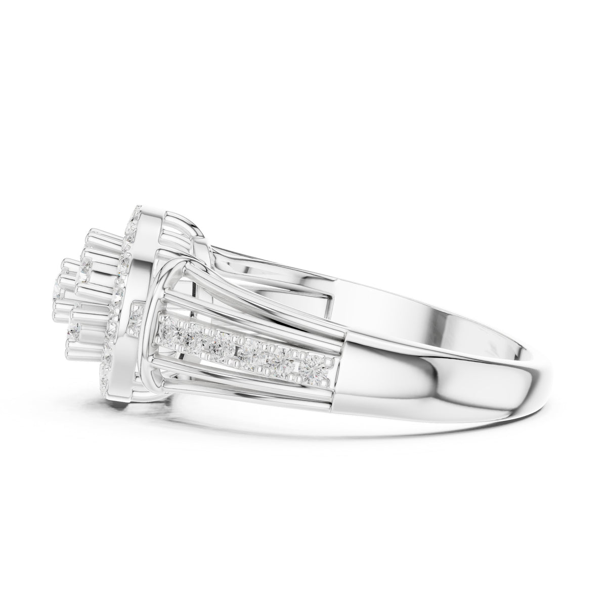 Round Diamond Cluster Halo Engagement Ring with Decorative Split Shank
