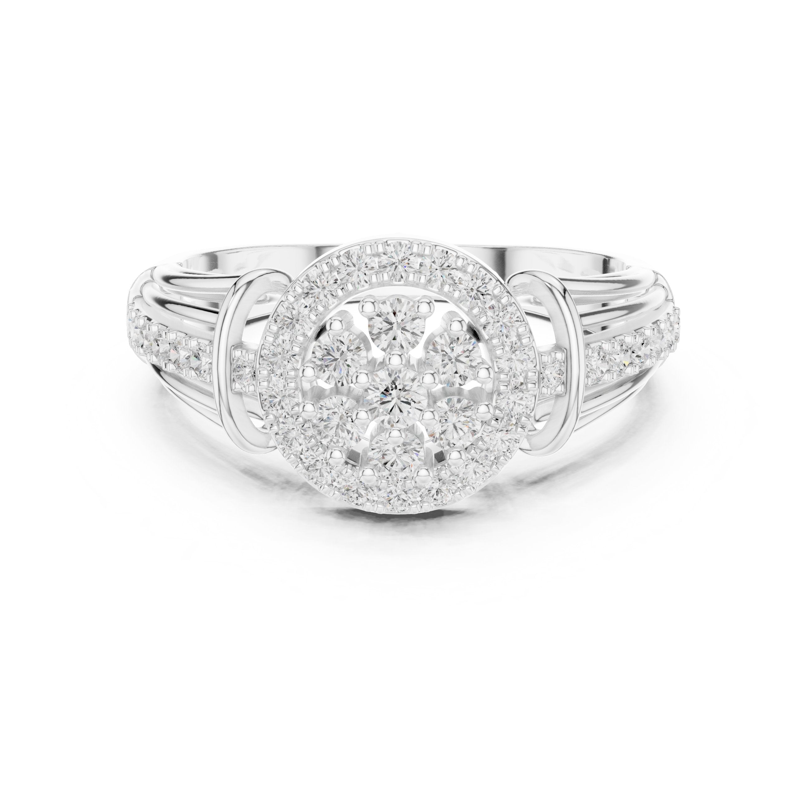 Round Diamond Cluster Halo Engagement Ring with Decorative Split Shank in White Gold - VYKA Diamonds