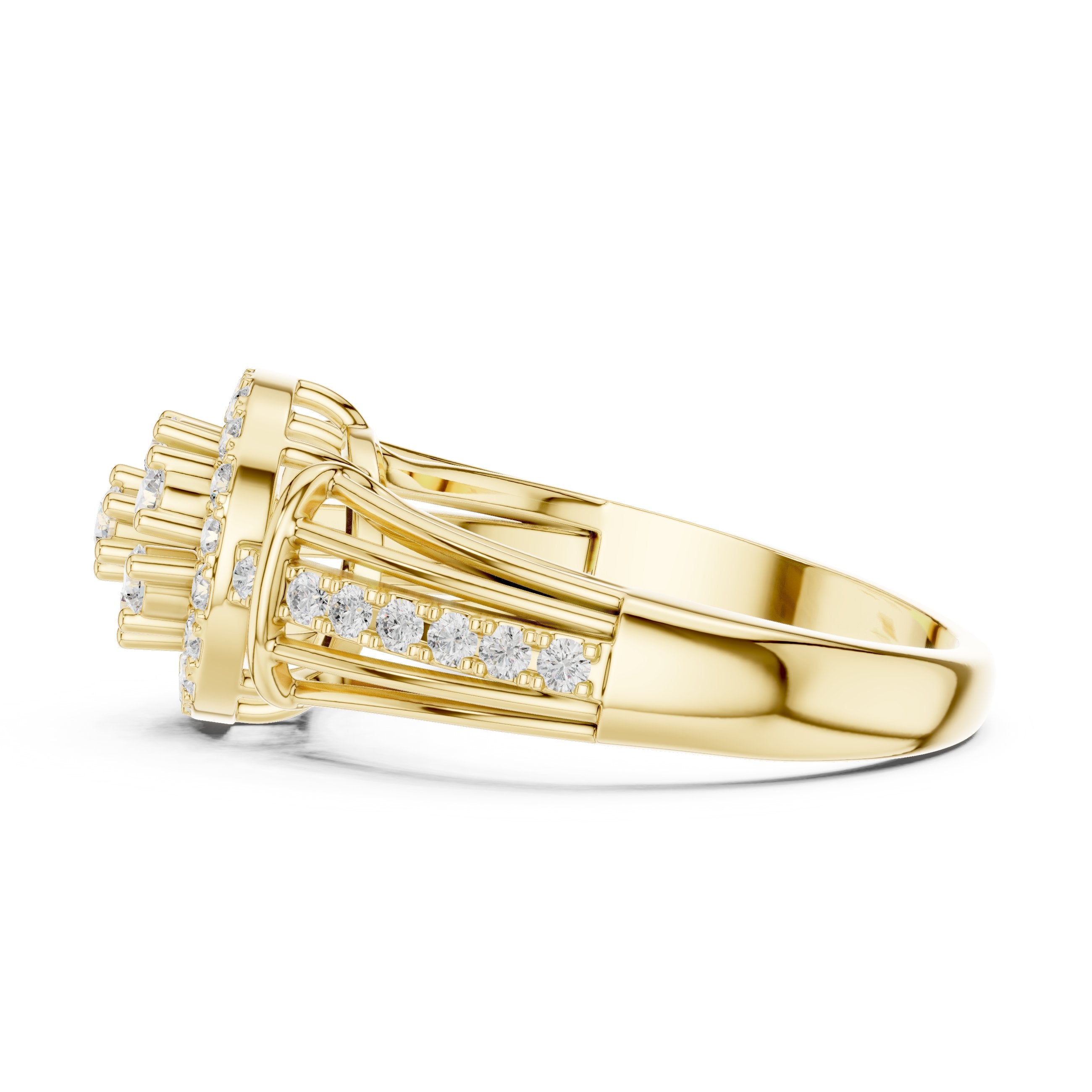Round Diamond Cluster Halo Engagement Ring with Decorative Split Shank in Yellow Gold - VYKA Diamonds