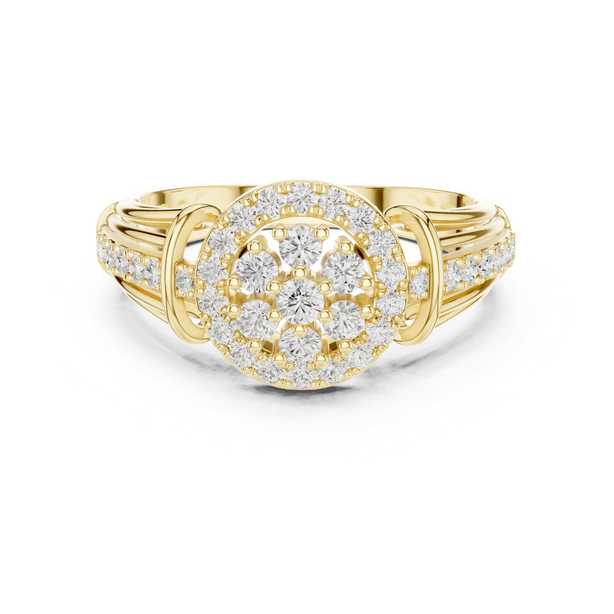 Round Diamond Cluster Halo Engagement Ring with Decorative Split Shank