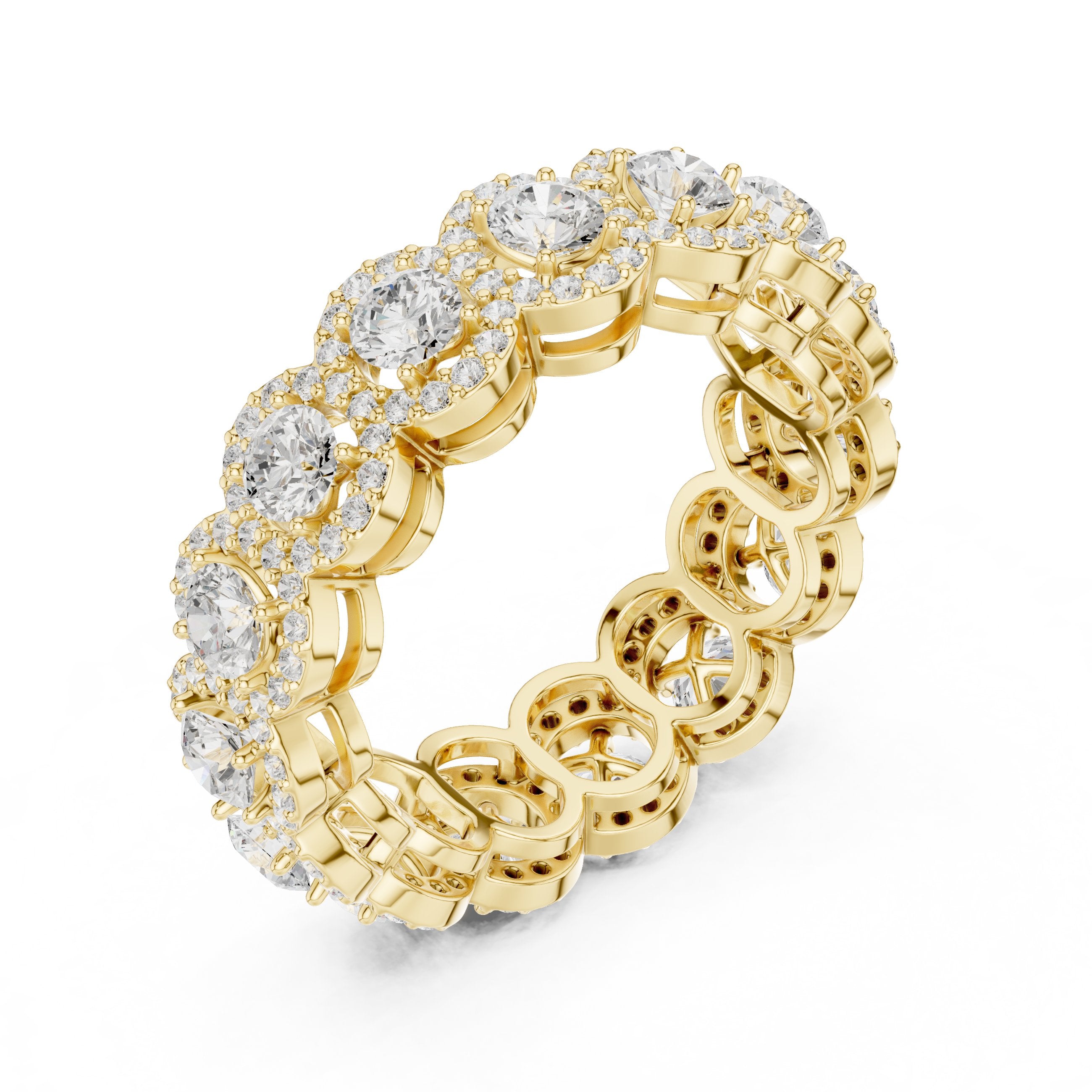 Round Diamond Cluster Halo Eternity Band in Yellow Gold - VYKA Diamonds