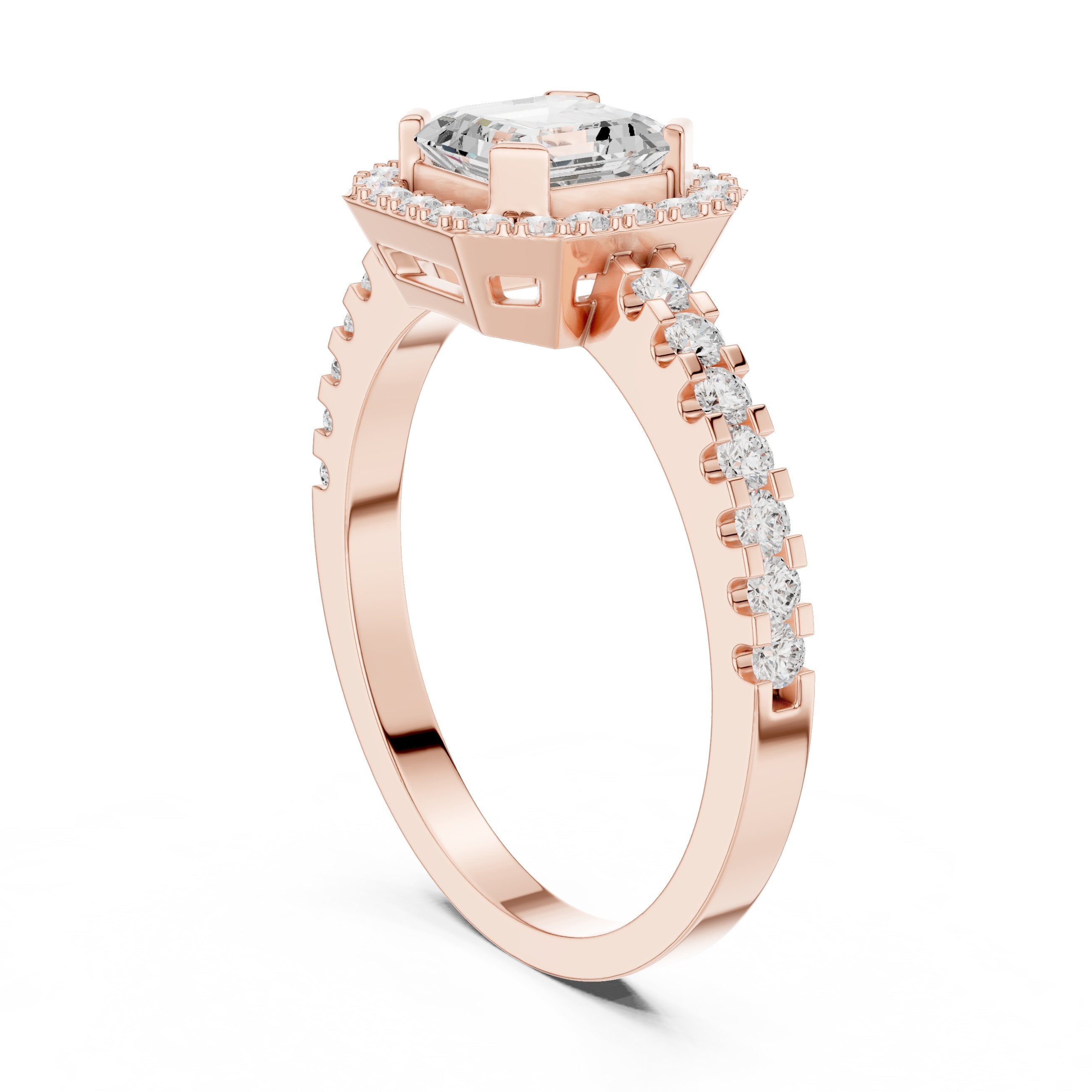 Asscher Cut Halo Engagement Ring with Crossover Pavé Band in Rose Gold - VYKA Diamonds