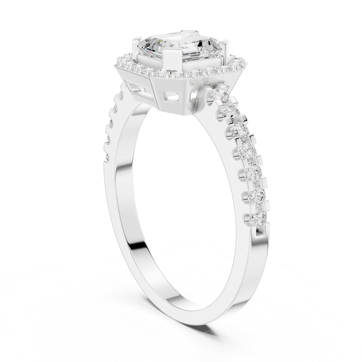Asscher Cut Halo Engagement Ring with Crossover Pavé Band
