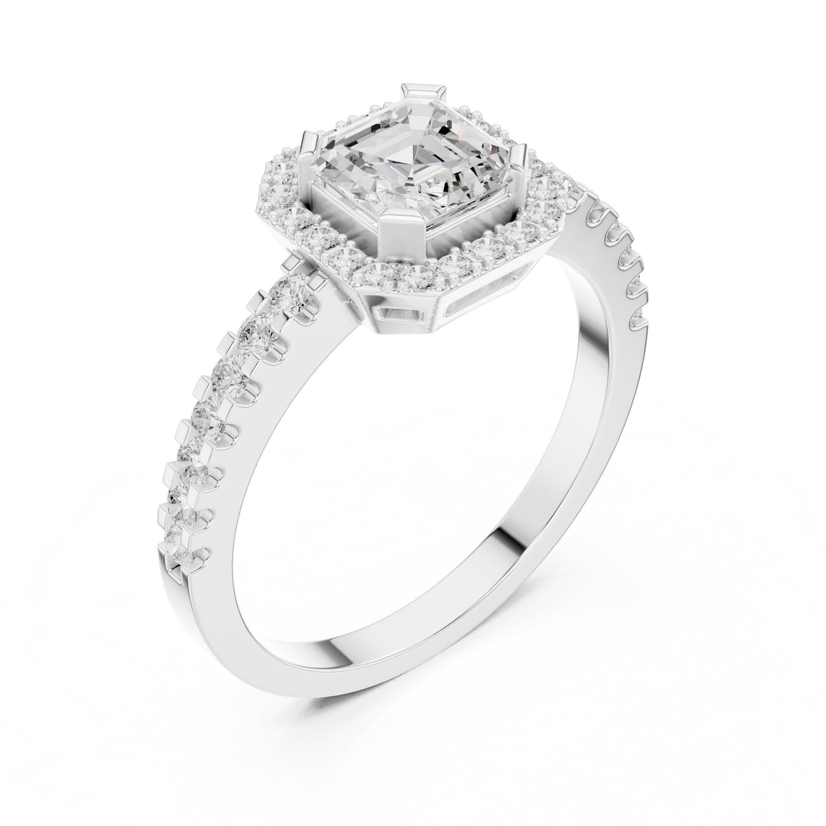 Asscher Cut Halo Engagement Ring with Crossover Pavé Band