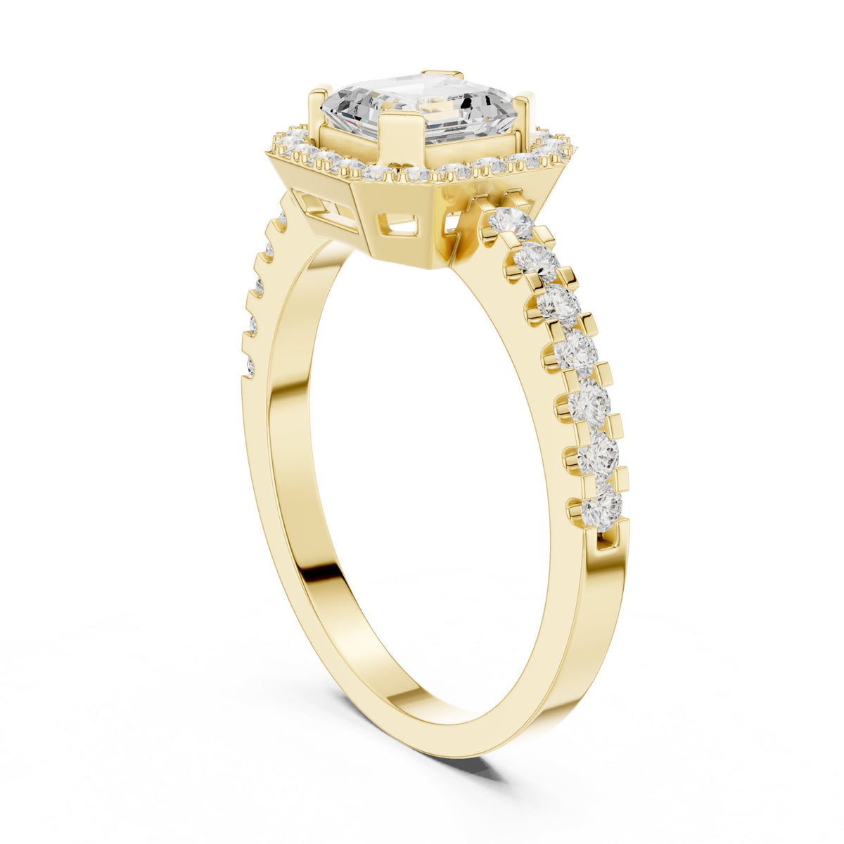 Asscher Cut Halo Engagement Ring with Crossover Pavé Band