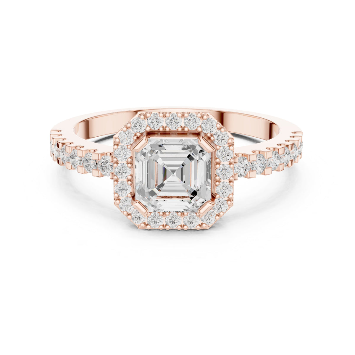 Asscher Cut Halo Engagement Ring with Crossover Pavé Band