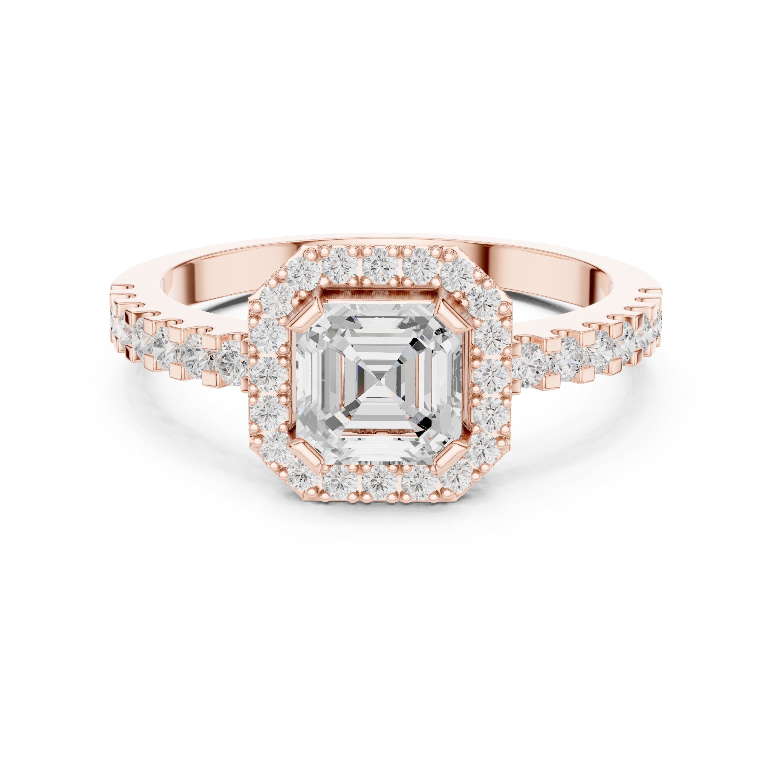 Asscher Cut Halo Engagement Ring with Crossover Pavé Band in Rose Gold - VYKA Diamonds