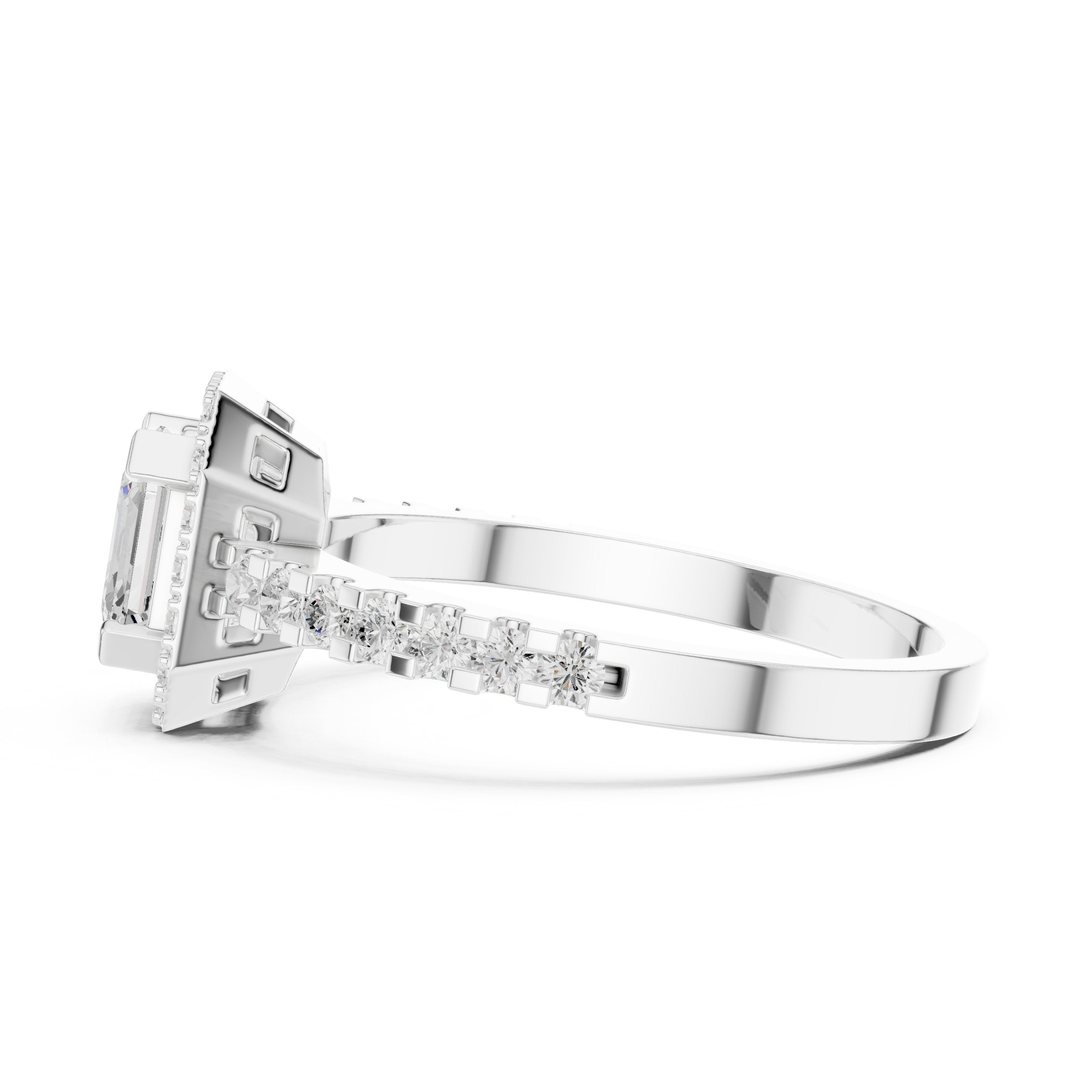 Asscher Cut Halo Engagement Ring with Crossover Pavé Band in White Gold - VYKA Diamonds
