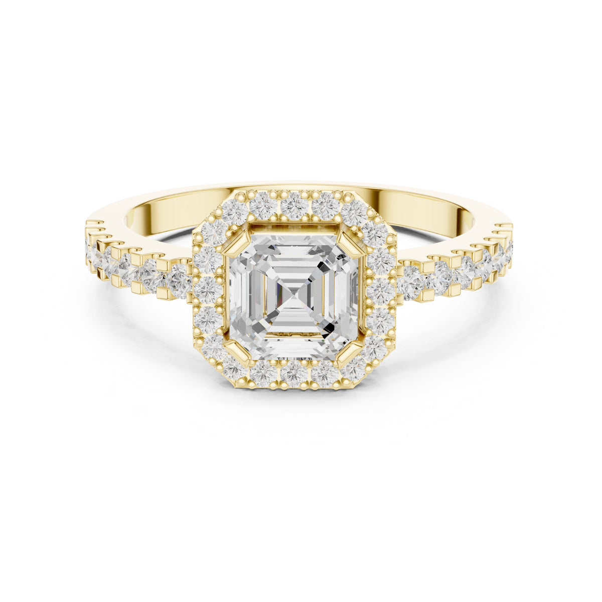 Asscher Cut Halo Engagement Ring with Crossover Pavé Band