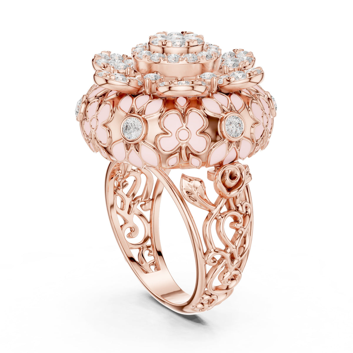Round Diamond Multi-Floral Cluster Statement Engagement Ring