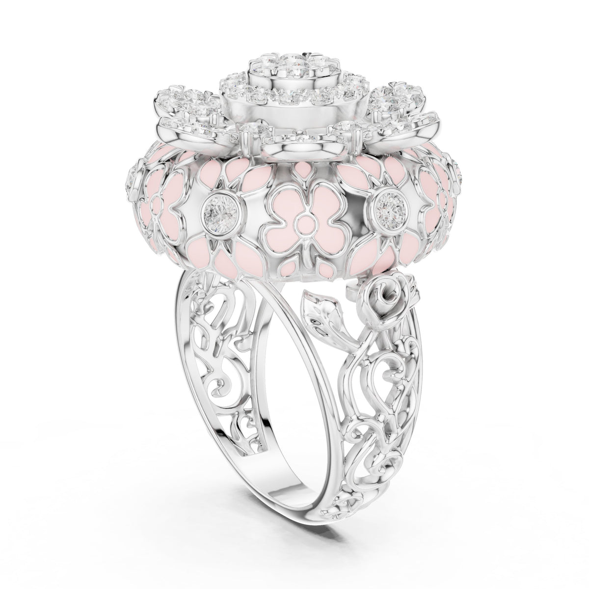 Round Diamond Multi-Floral Cluster Statement Engagement Ring