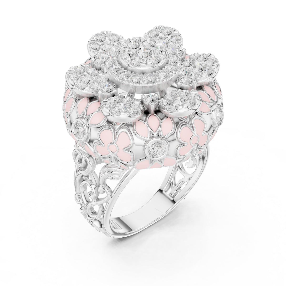 Round Diamond Multi-Floral Cluster Statement Engagement Ring