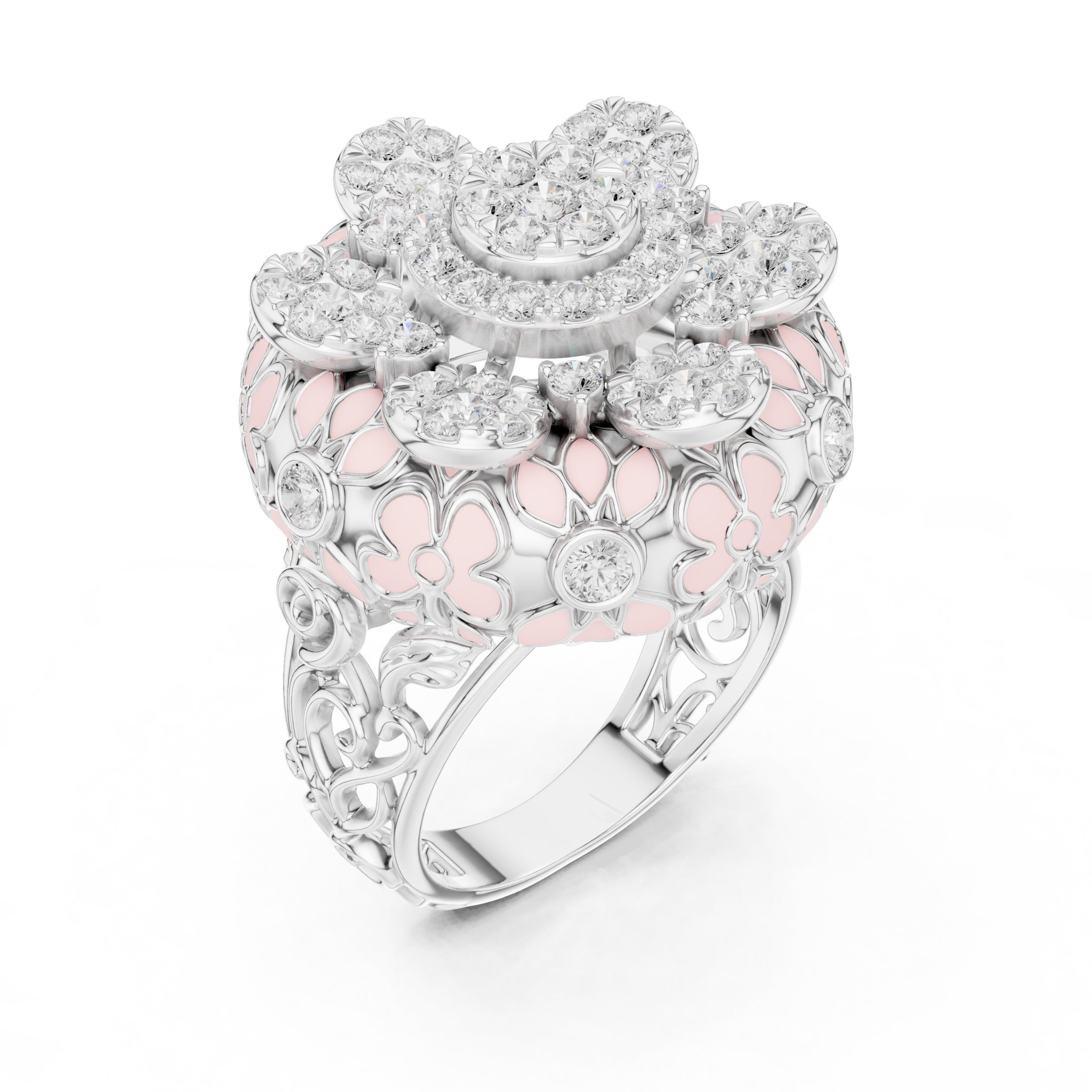Round Diamond Multi-Floral Cluster Statement Engagement Ring in White Gold - VYKA Diamonds