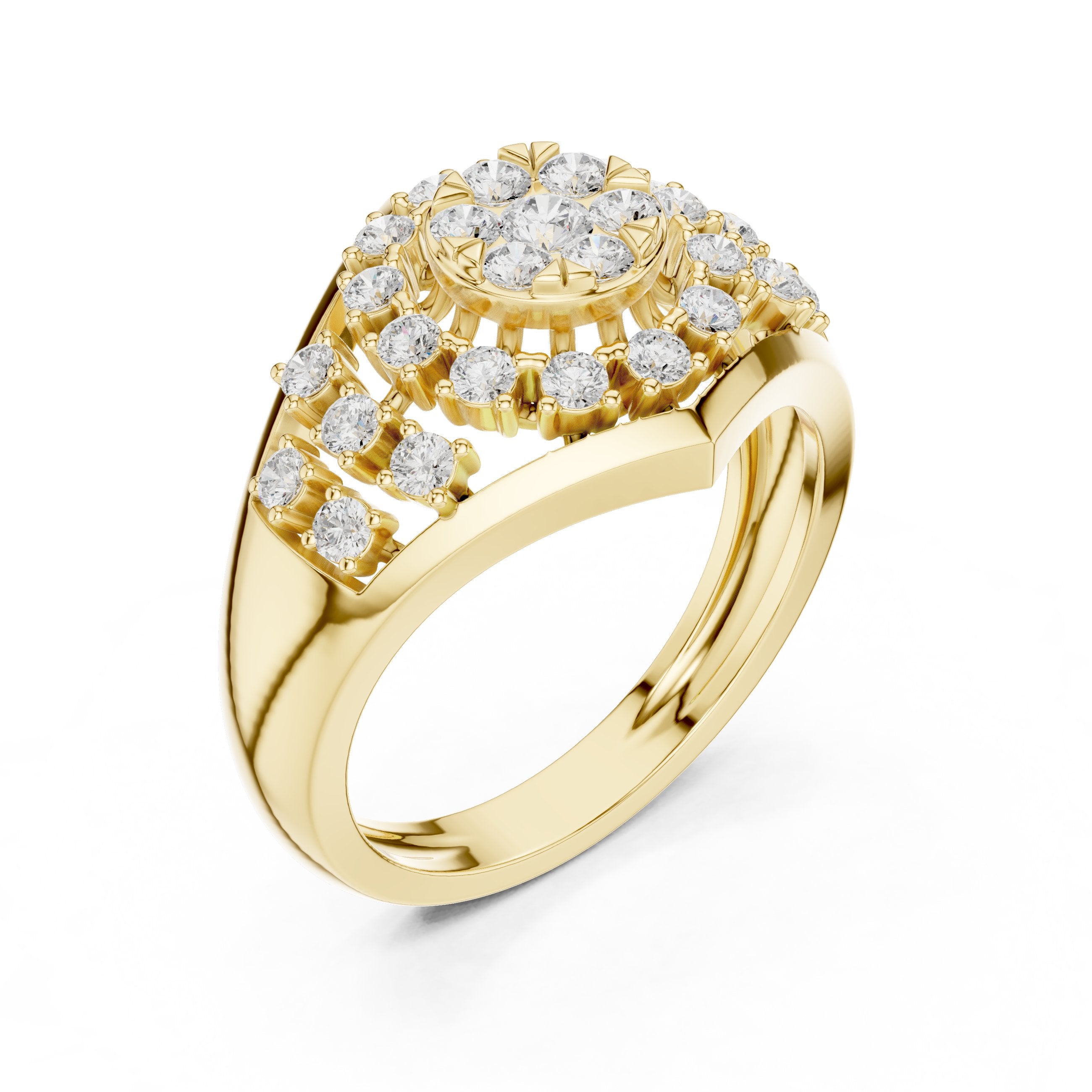 Round Diamond Hexagonal Cluster Signet Engagement Ring in Yellow Gold - VYKA Diamonds