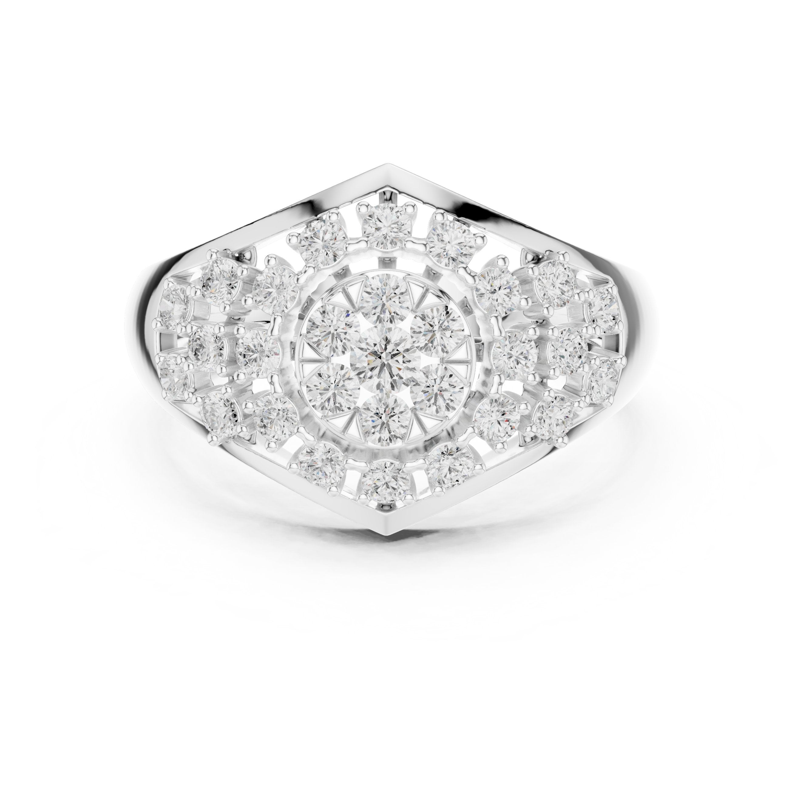 Round Diamond Hexagonal Cluster Signet Engagement Ring in White Gold - VYKA Diamonds
