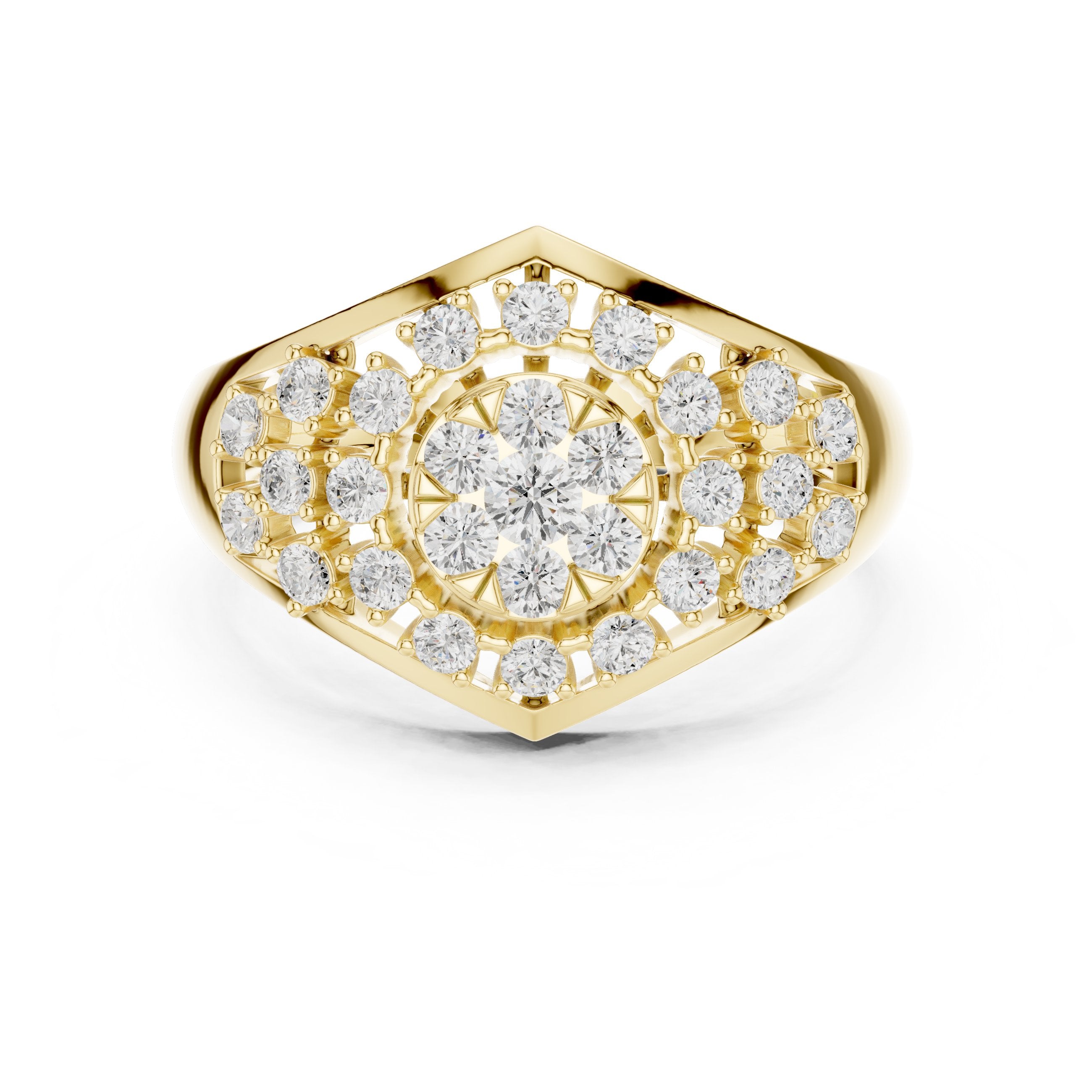Round Diamond Hexagonal Cluster Signet Engagement Ring in Yellow Gold - VYKA Diamonds