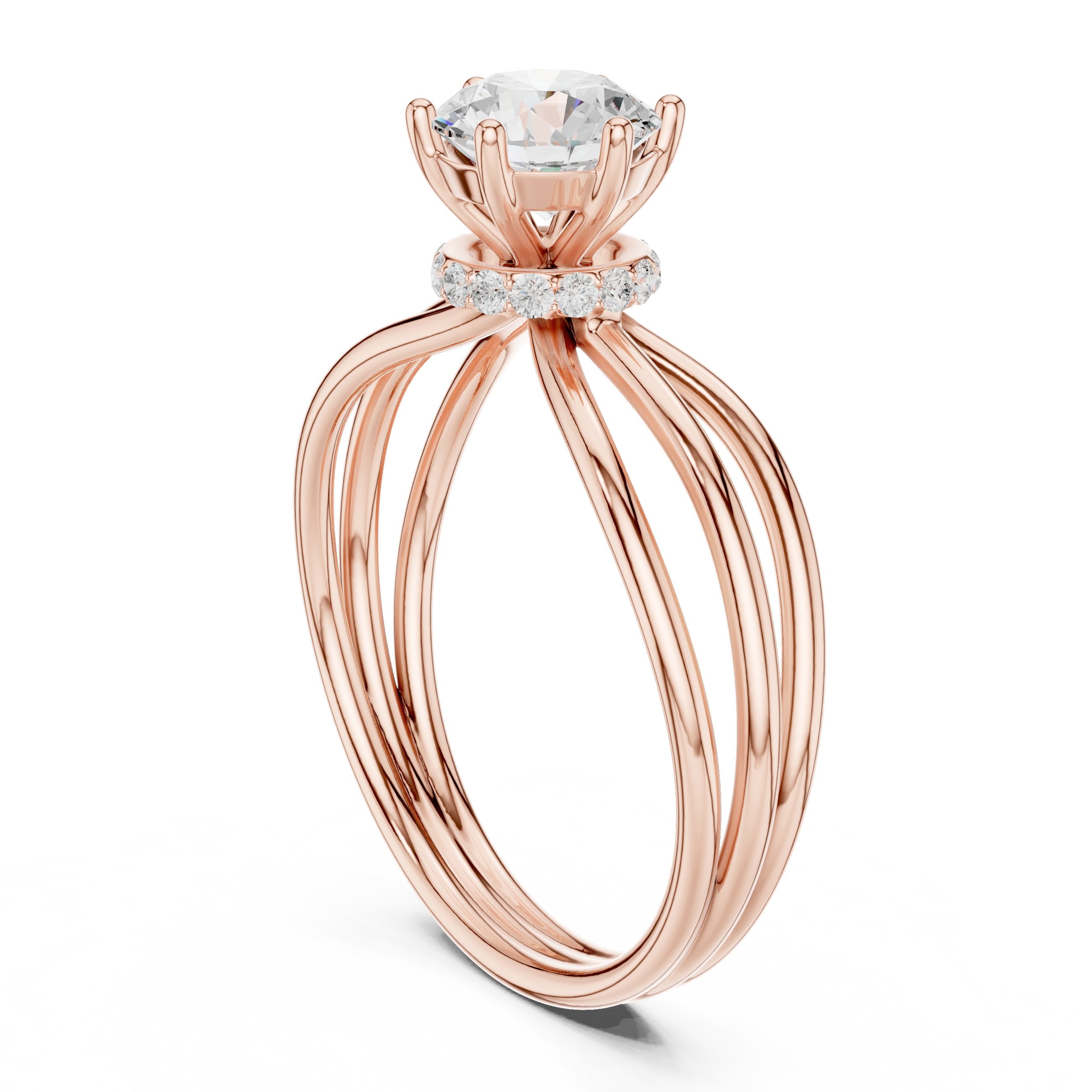 Round Diamond Triple Band Hidden Halo Solitaire Engagement Ring in Rose Gold - VYKA Diamonds