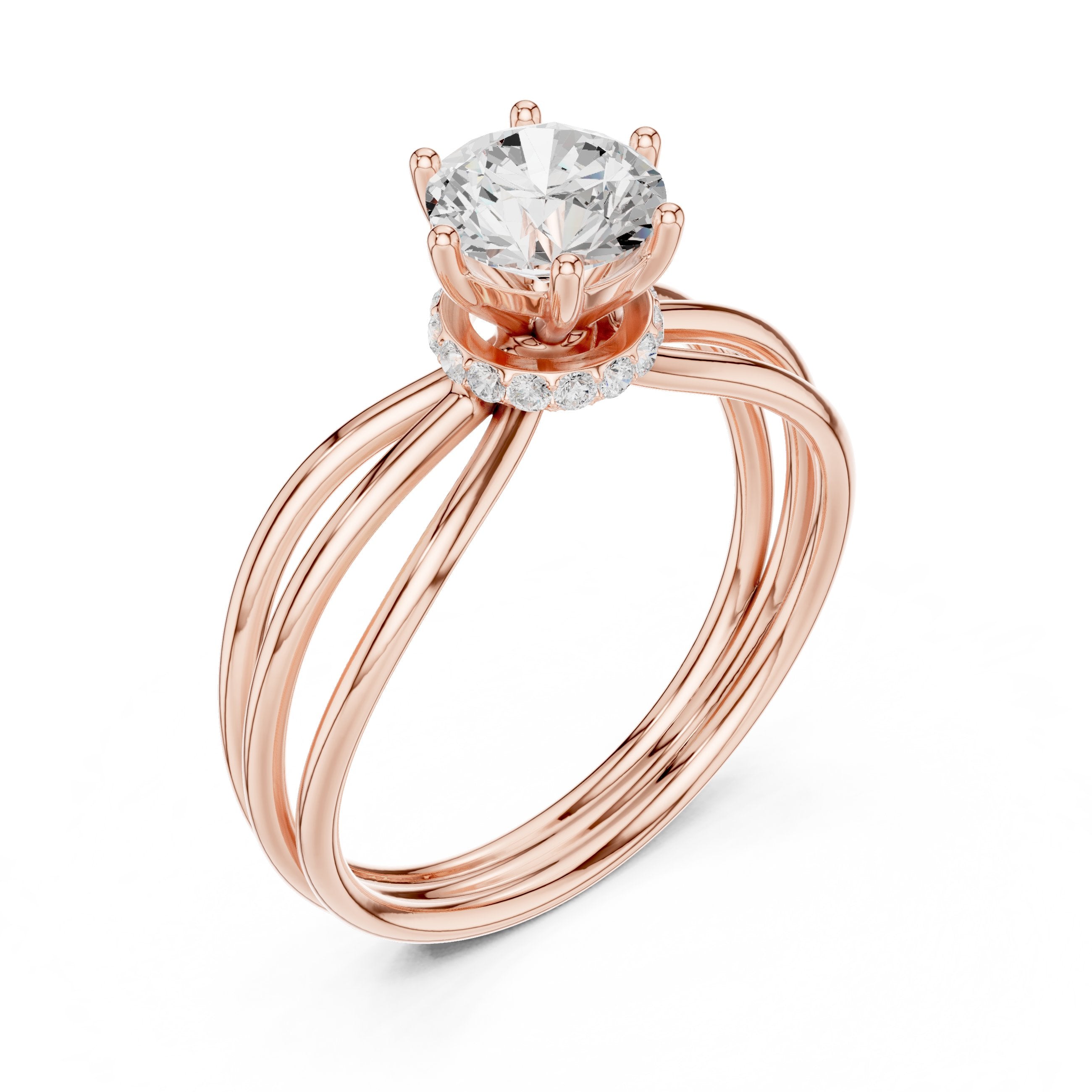 Round Diamond Triple Band Hidden Halo Solitaire Engagement Ring in Rose Gold - VYKA Diamonds