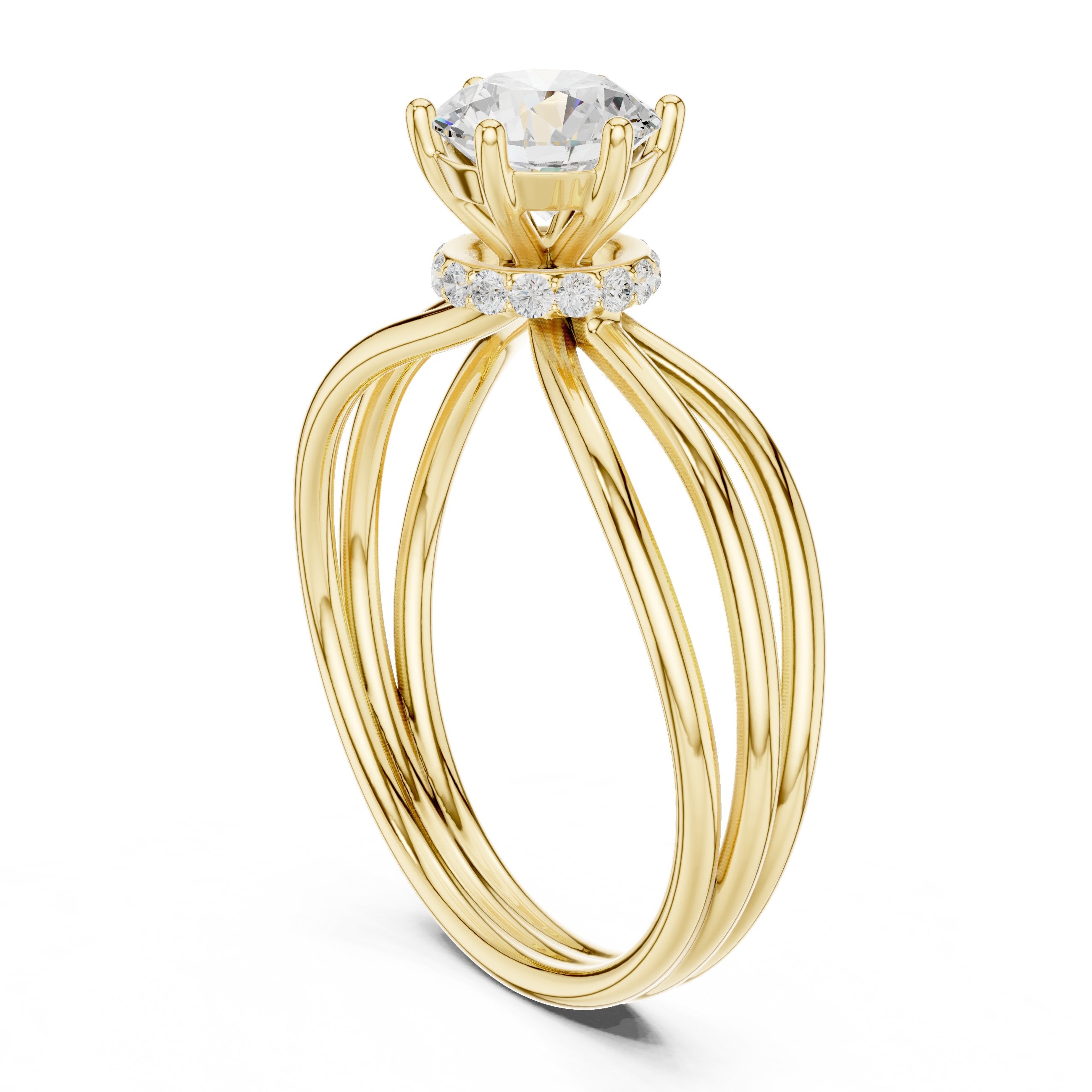 Round Diamond Triple Band Hidden Halo Solitaire Engagement Ring in Yellow Gold - VYKA Diamonds
