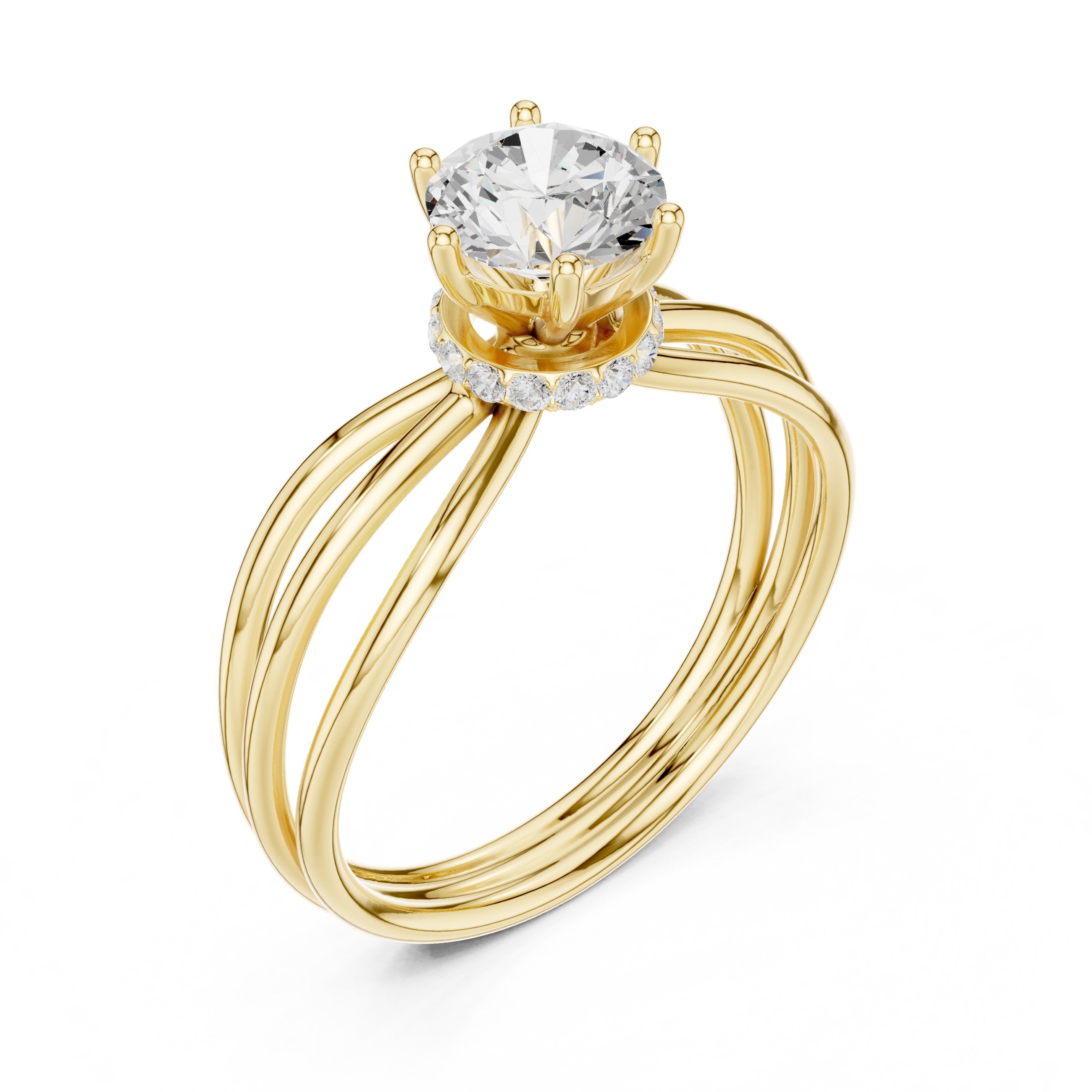 Round Diamond Triple Band Hidden Halo Solitaire Engagement Ring in Yellow Gold - VYKA Diamonds
