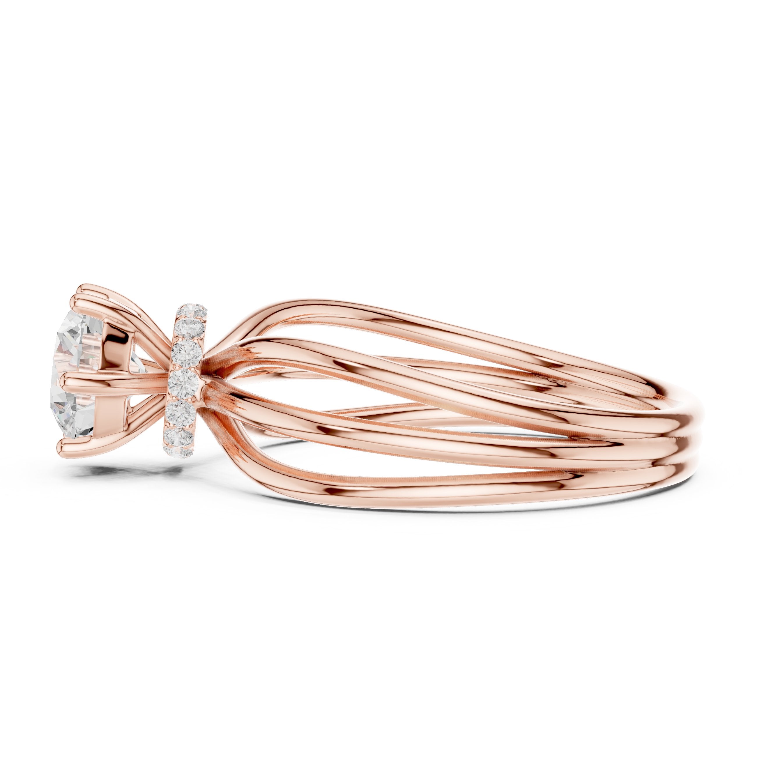 Round Diamond Triple Band Hidden Halo Solitaire Engagement Ring in Rose Gold - VYKA Diamonds