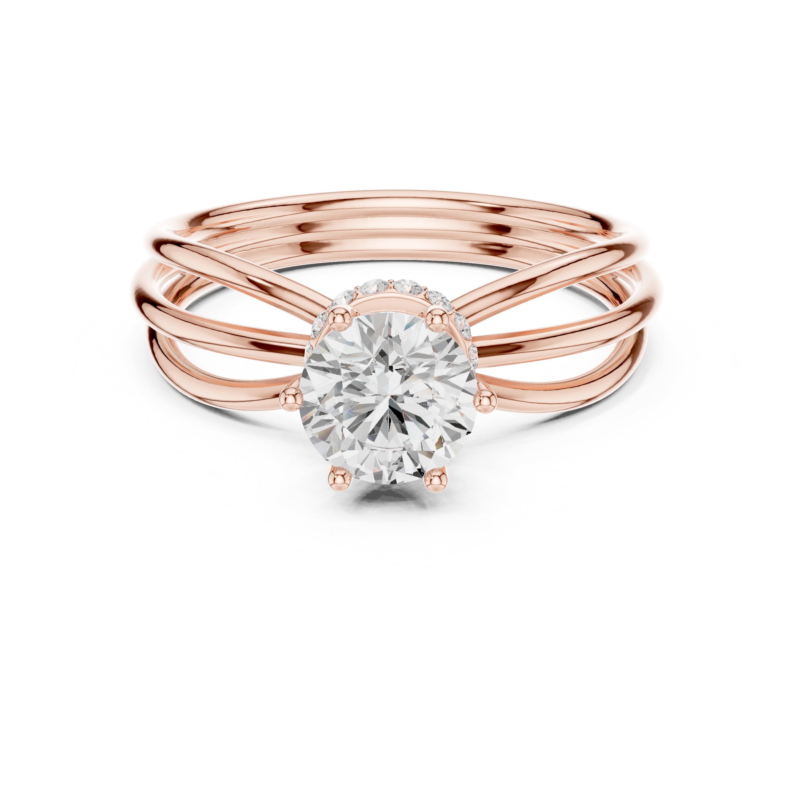 Round Diamond Triple Band Hidden Halo Solitaire Engagement Ring in Rose Gold - VYKA Diamonds