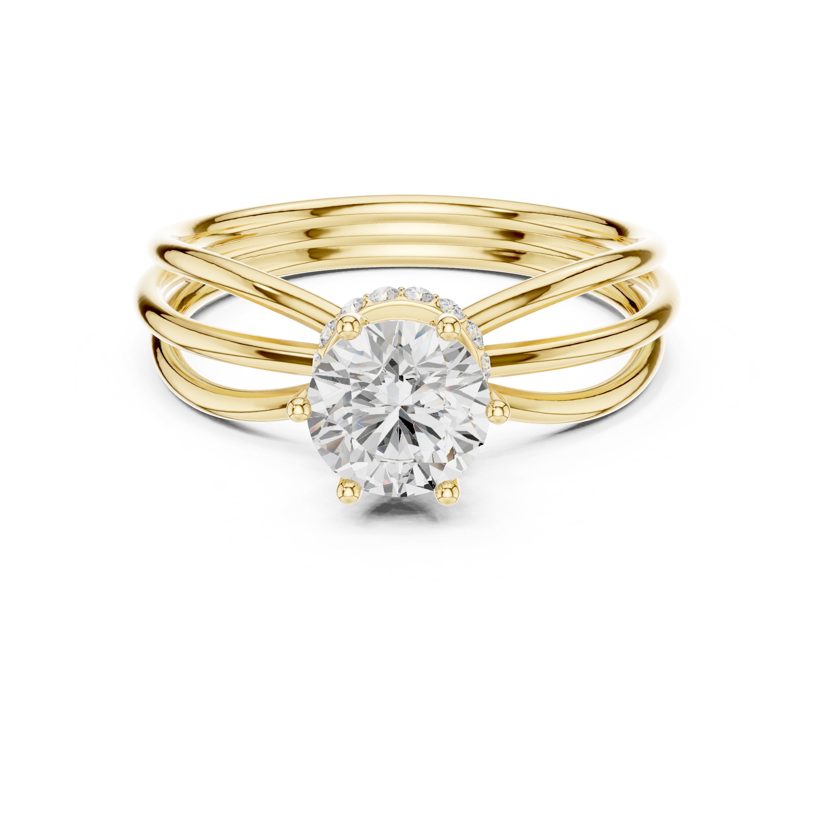 Round Diamond Triple Band Hidden Halo Solitaire Engagement Ring in Yellow Gold - VYKA Diamonds