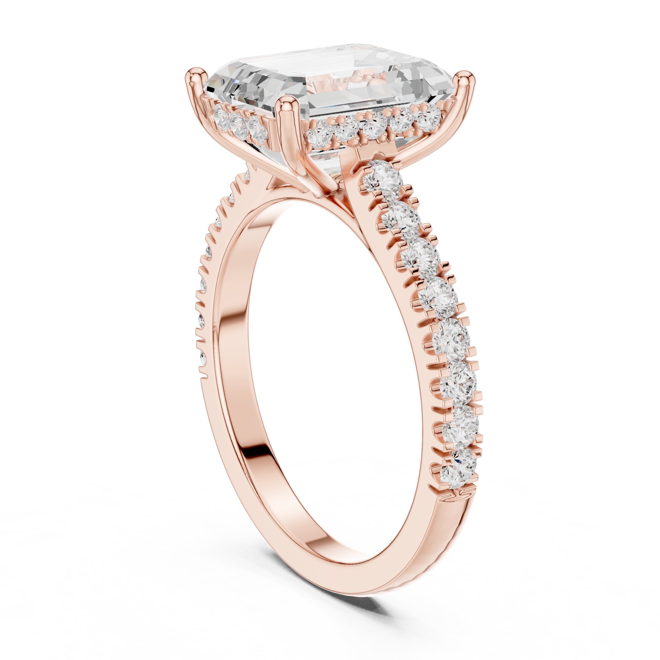 Emerald Cut Engagement Ring with Pavé Band in Rose Gold - VYKA Diamonds