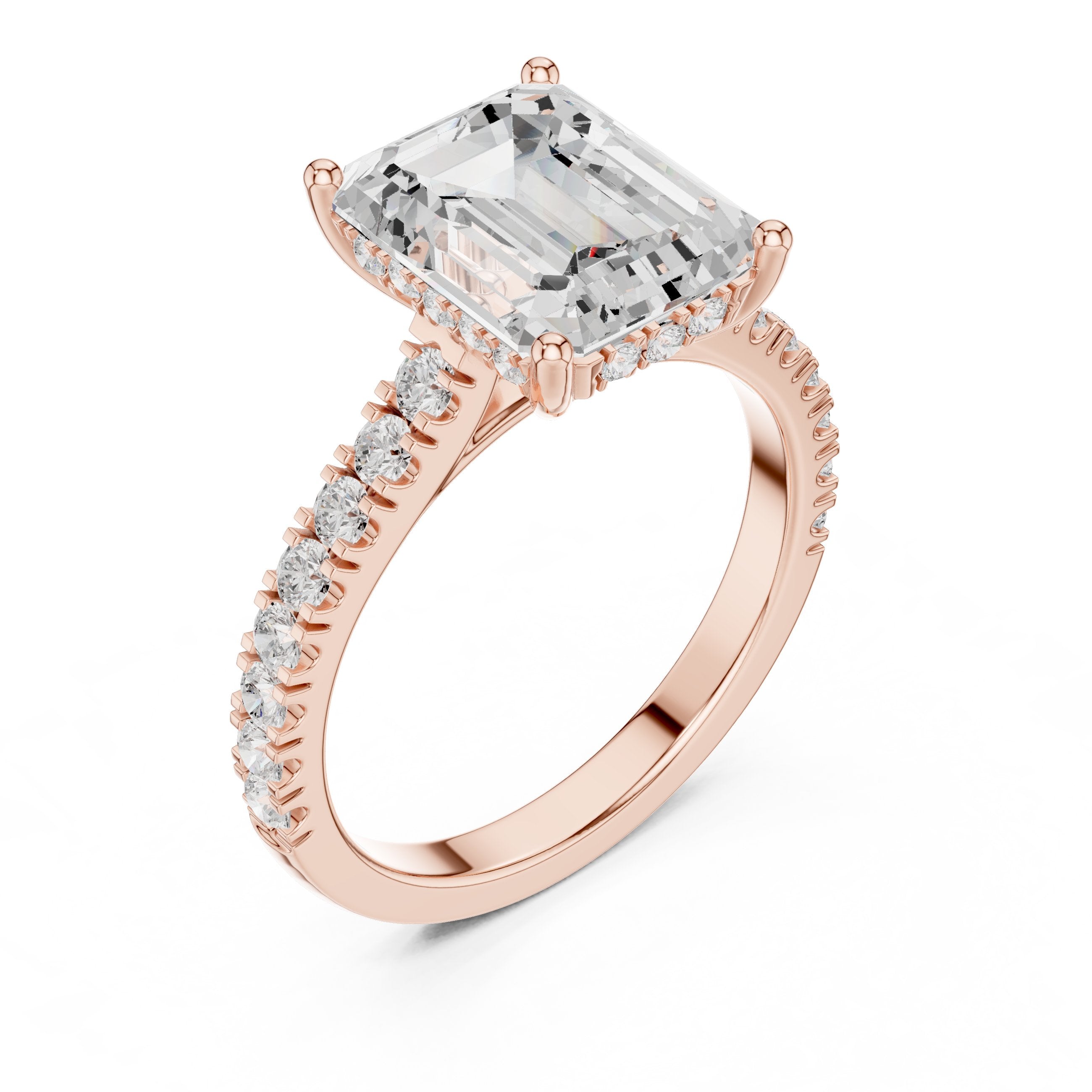 Emerald Cut Engagement Ring with Pavé Band in Rose Gold - VYKA Diamonds