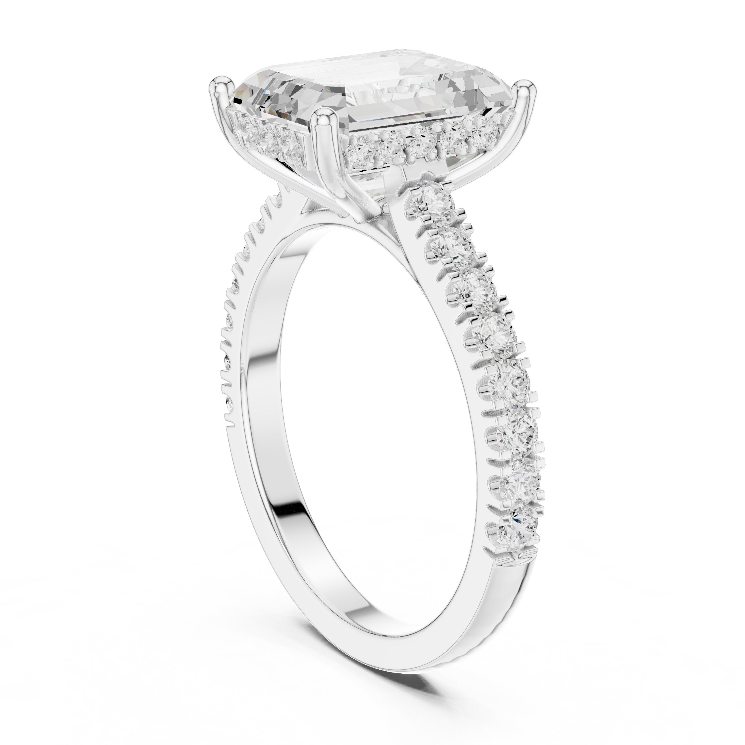 Emerald Cut Engagement Ring with Pavé Band in White Gold - VYKA Diamonds